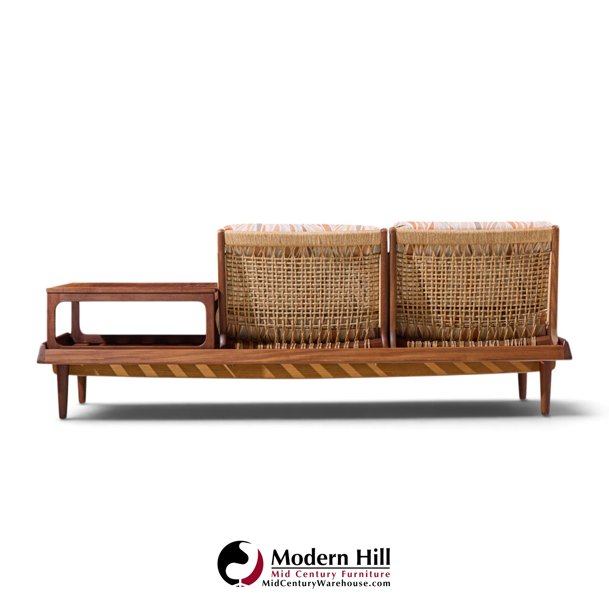 hans olsen model 161 danish teak and cane modular 2-seat sofa with table - pair