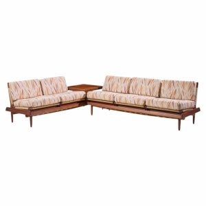 hans olsen model 161 danish teak and cane modular 2-seat sofa with table - pair