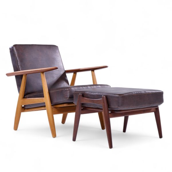 hans wegner for getama ge-290 mid century danish teak high back lounge chairs - pair with ottoman
