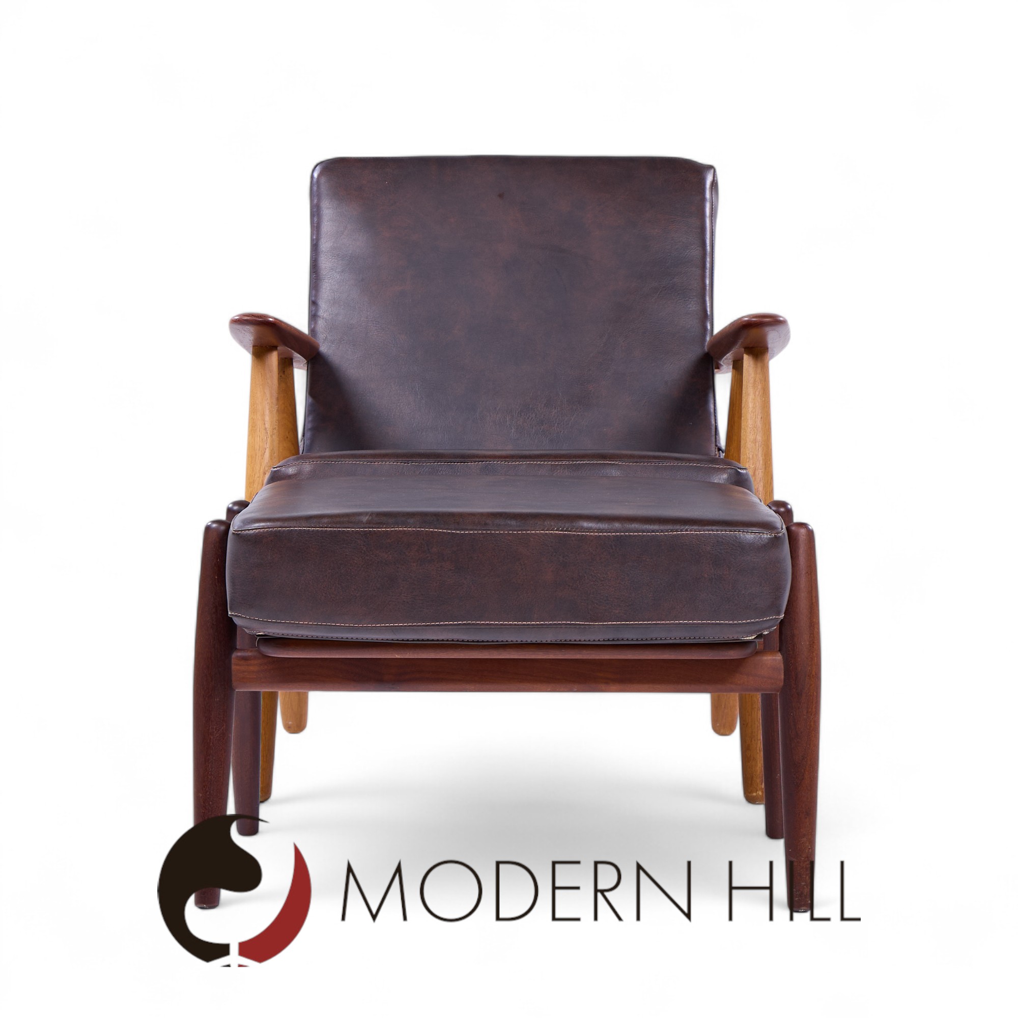 hans wegner for getama ge-290 mid century danish teak high back lounge chairs - pair with ottoman