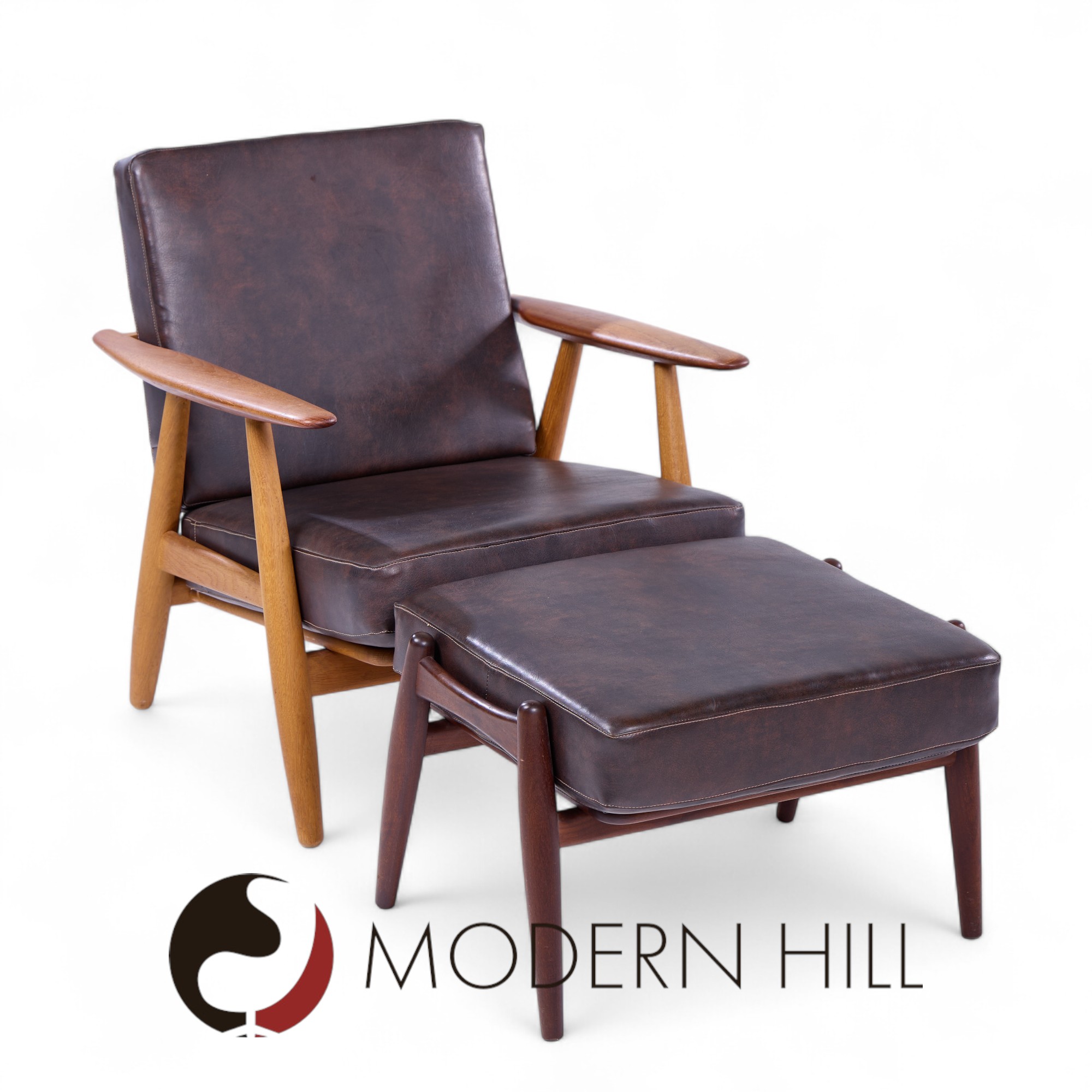 hans wegner for getama ge-290 mid century danish teak high back lounge chairs - pair with ottoman