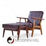 hans wegner for getama ge-290 mid century danish teak high back lounge chairs - pair with ottoman