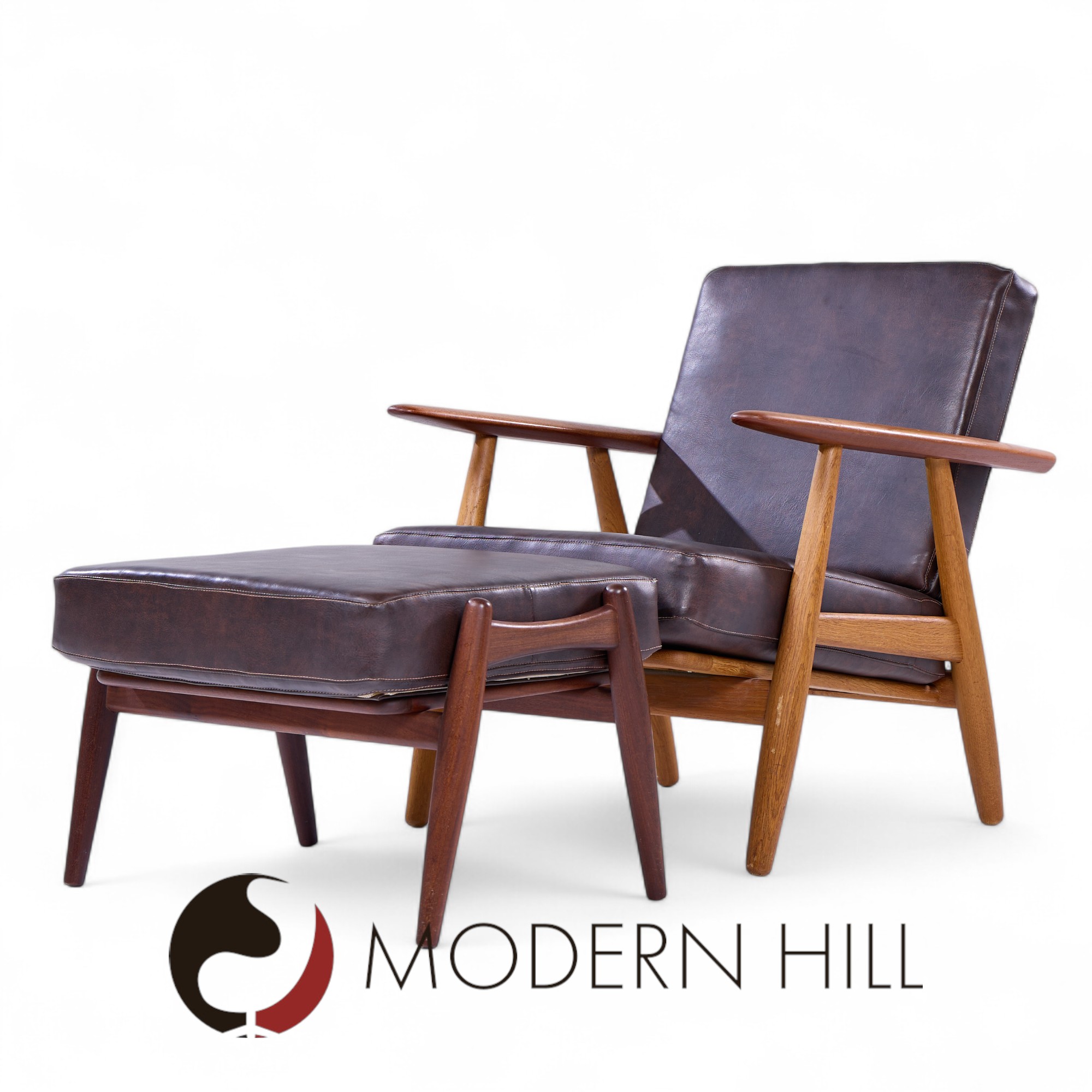 hans wegner for getama ge-290 mid century danish teak high back lounge chairs - pair with ottoman