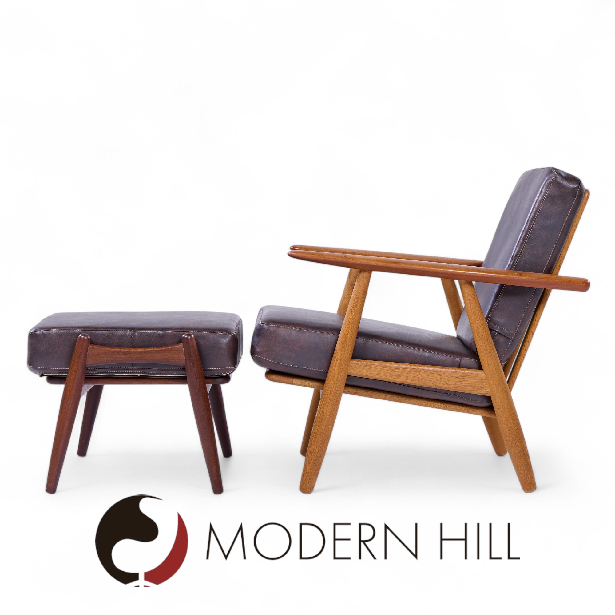 hans wegner for getama ge-290 mid century danish teak high back lounge chairs - pair with ottoman