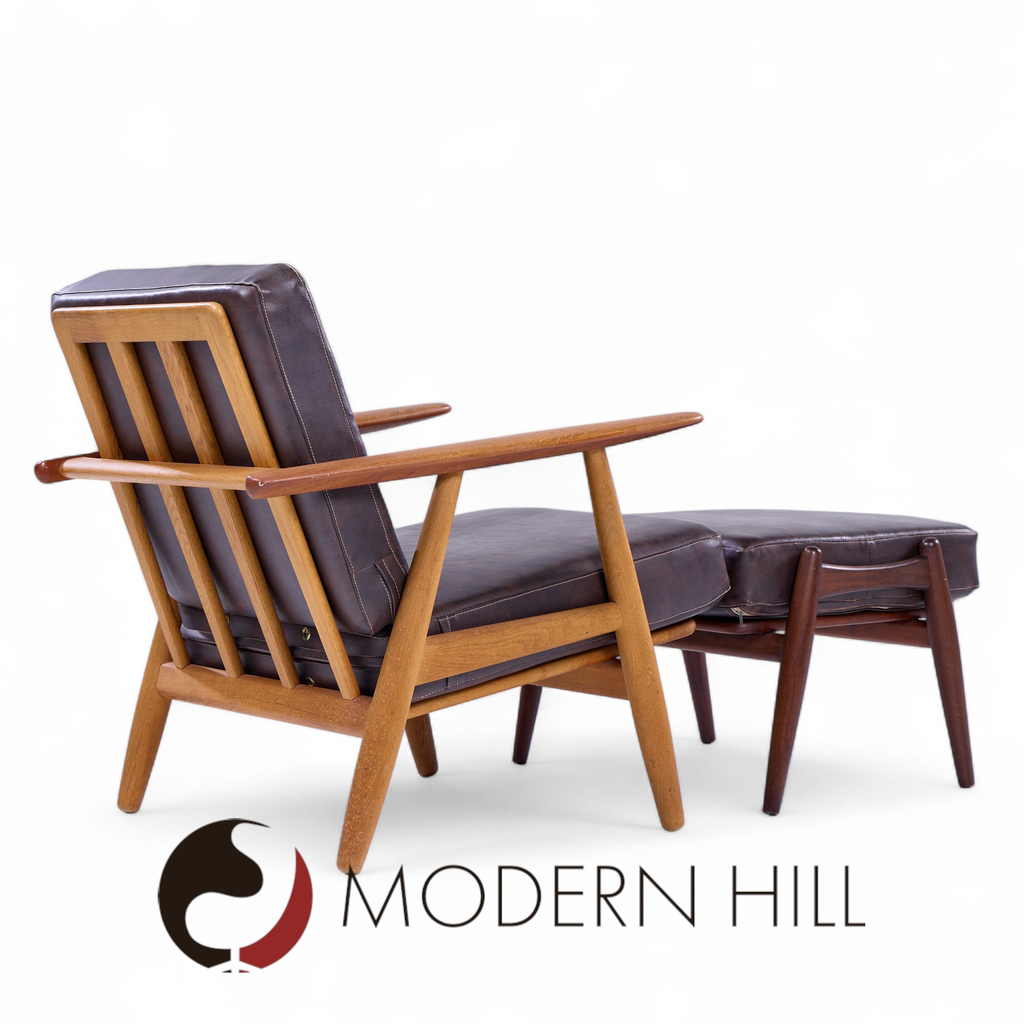 hans wegner for getama ge-290 mid century danish teak high back lounge chairs - pair with ottoman