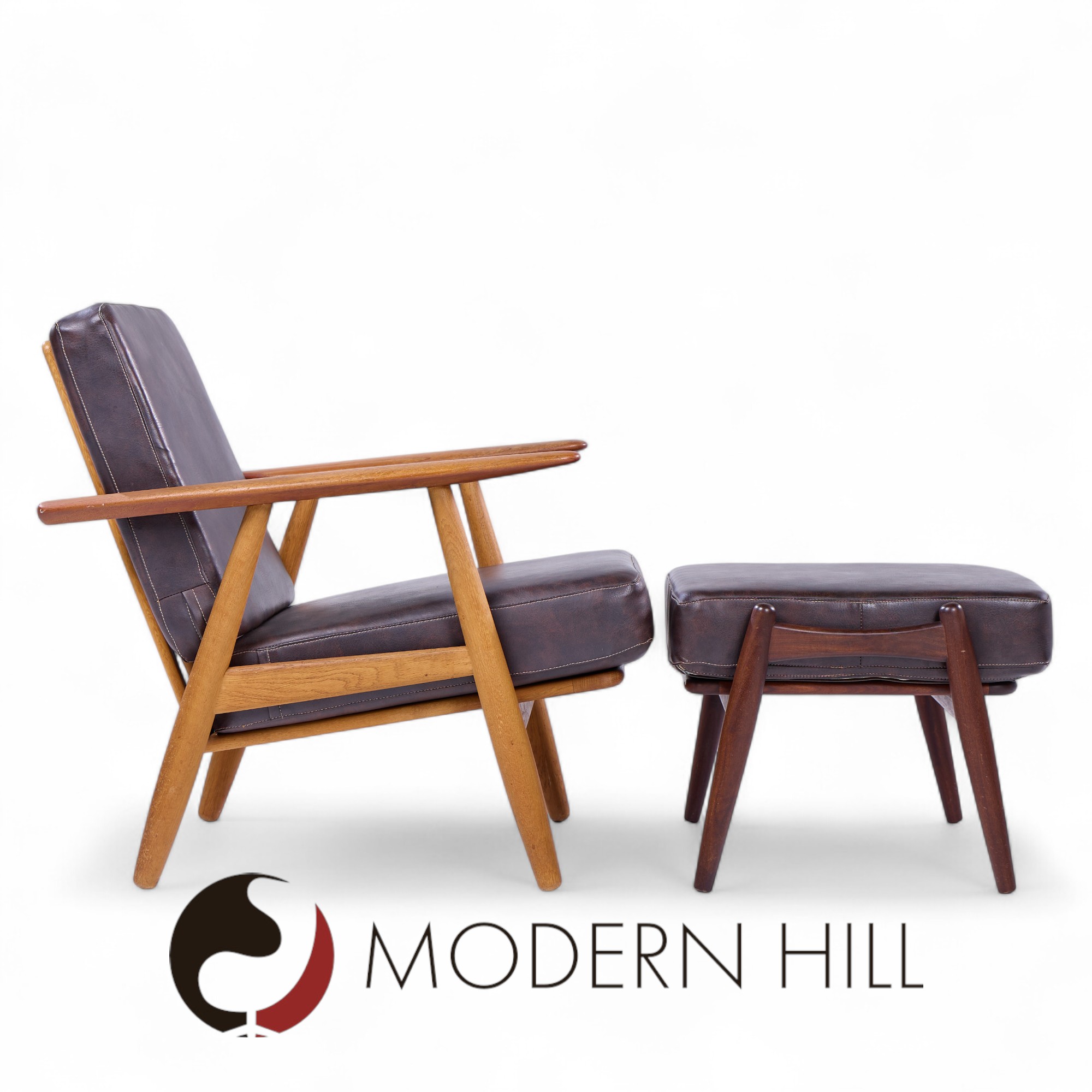 hans wegner for getama ge-290 mid century danish teak high back lounge chairs - pair with ottoman