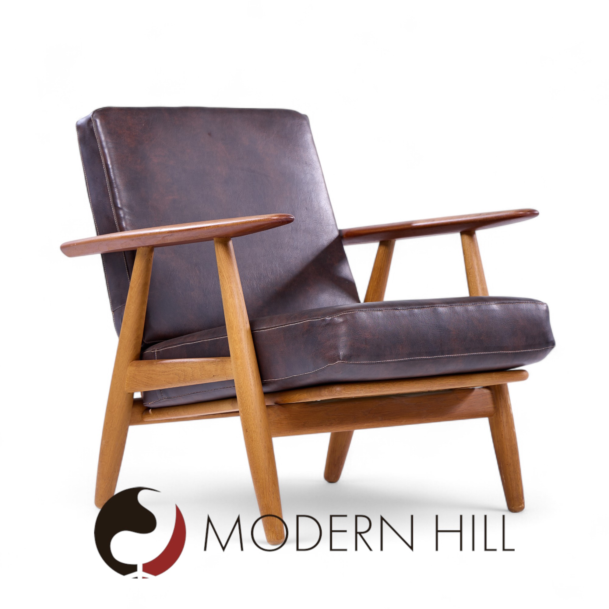 hans wegner for getama ge-290 mid century danish teak high back lounge chairs - pair with ottoman