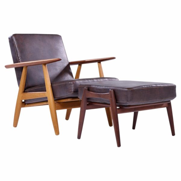 hans wegner for getama ge-290 mid century danish teak high back lounge chairs - pair with ottoman
