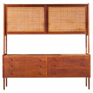 hans wegner for ry møbler ry-20 mid century danish teak and rattan highboard credenza with hutch