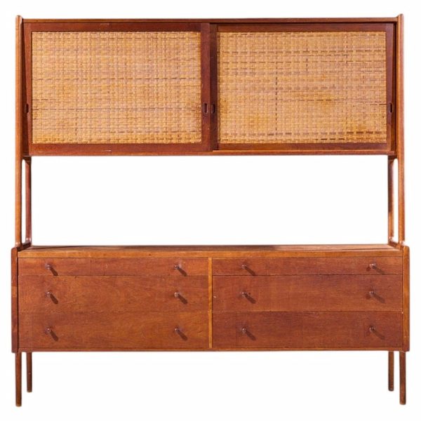 hans wegner for ry møbler ry-20 mid century danish teak and rattan highboard credenza with hutch