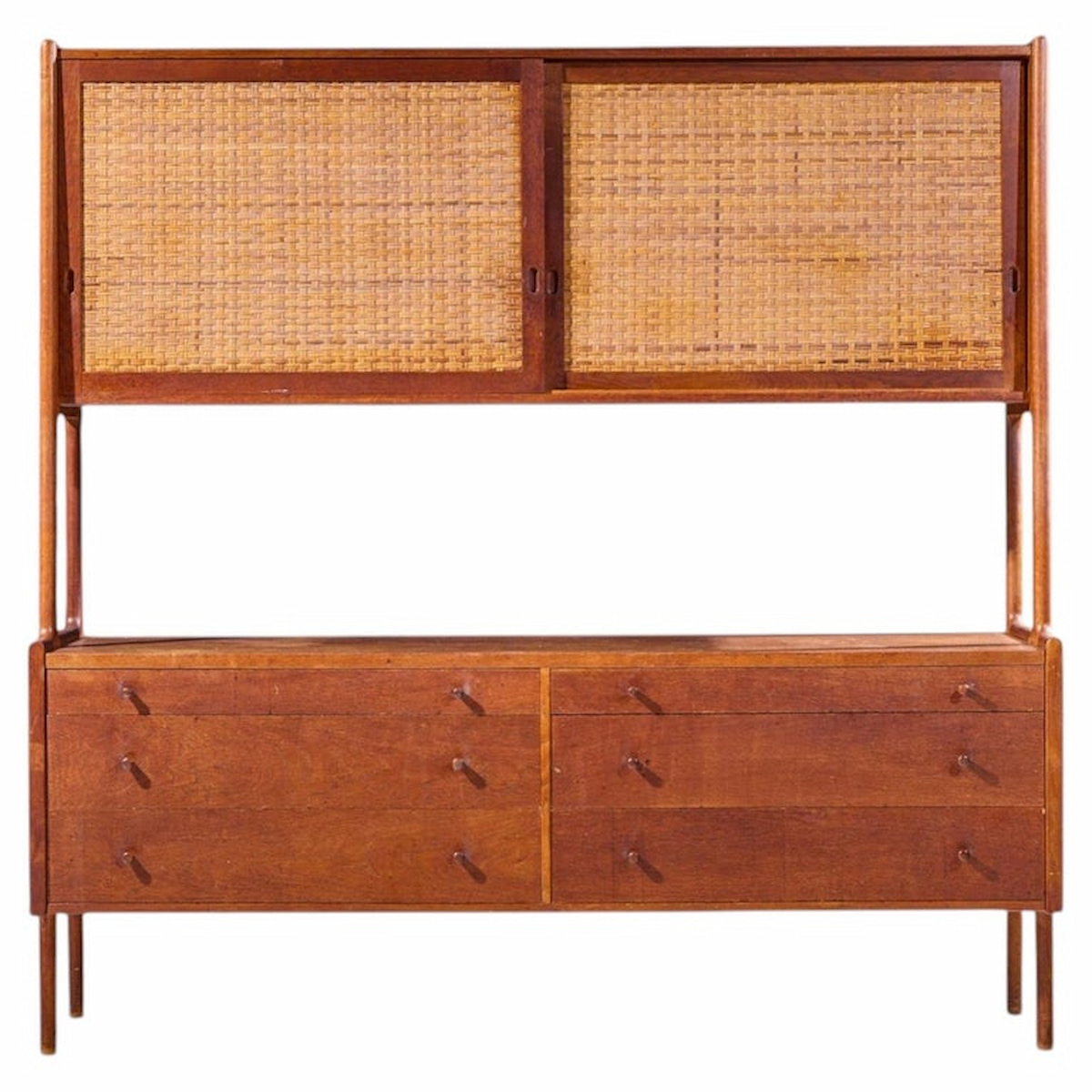 hans wegner for ry møbler ry-20 mid century danish teak and rattan highboard credenza with hutch