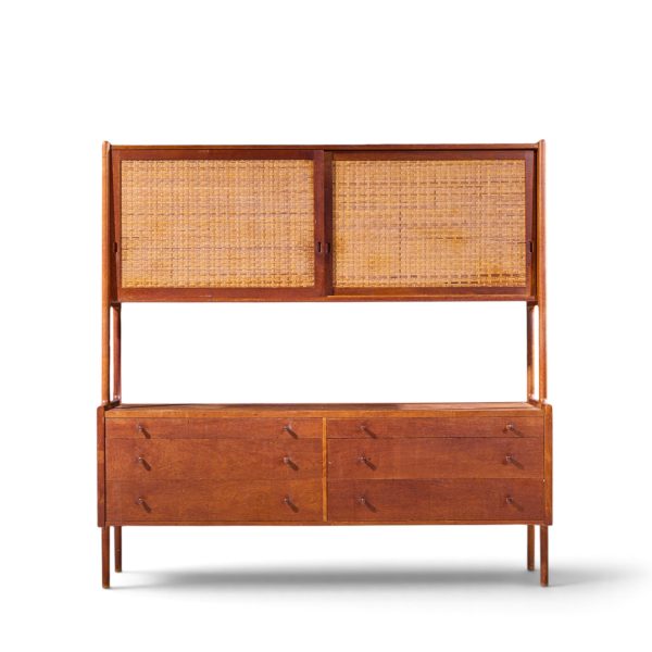hans wegner for ry møbler ry-20 mid century danish teak and rattan highboard credenza with hutch