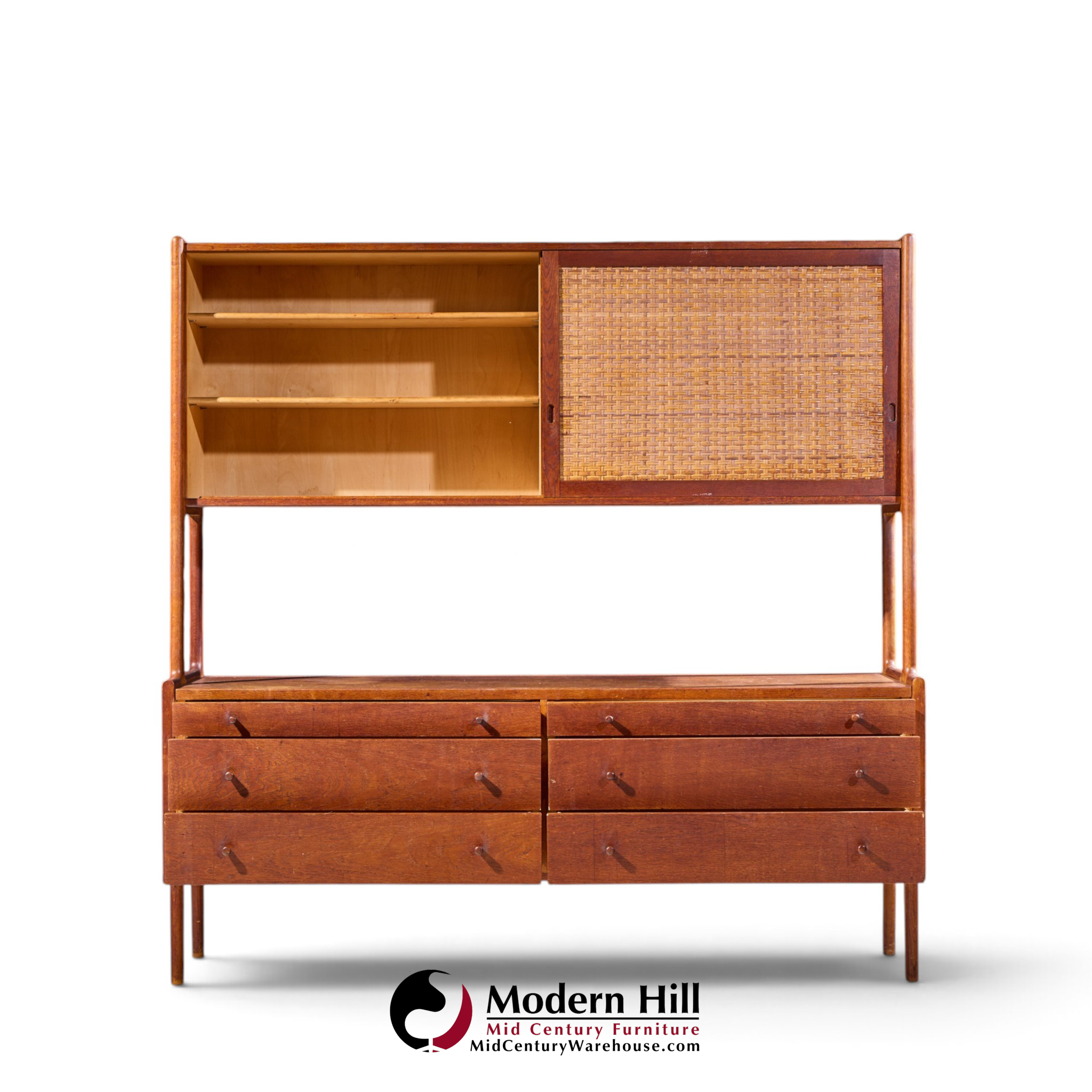hans wegner for ry møbler ry-20 mid century danish teak and rattan highboard credenza with hutch