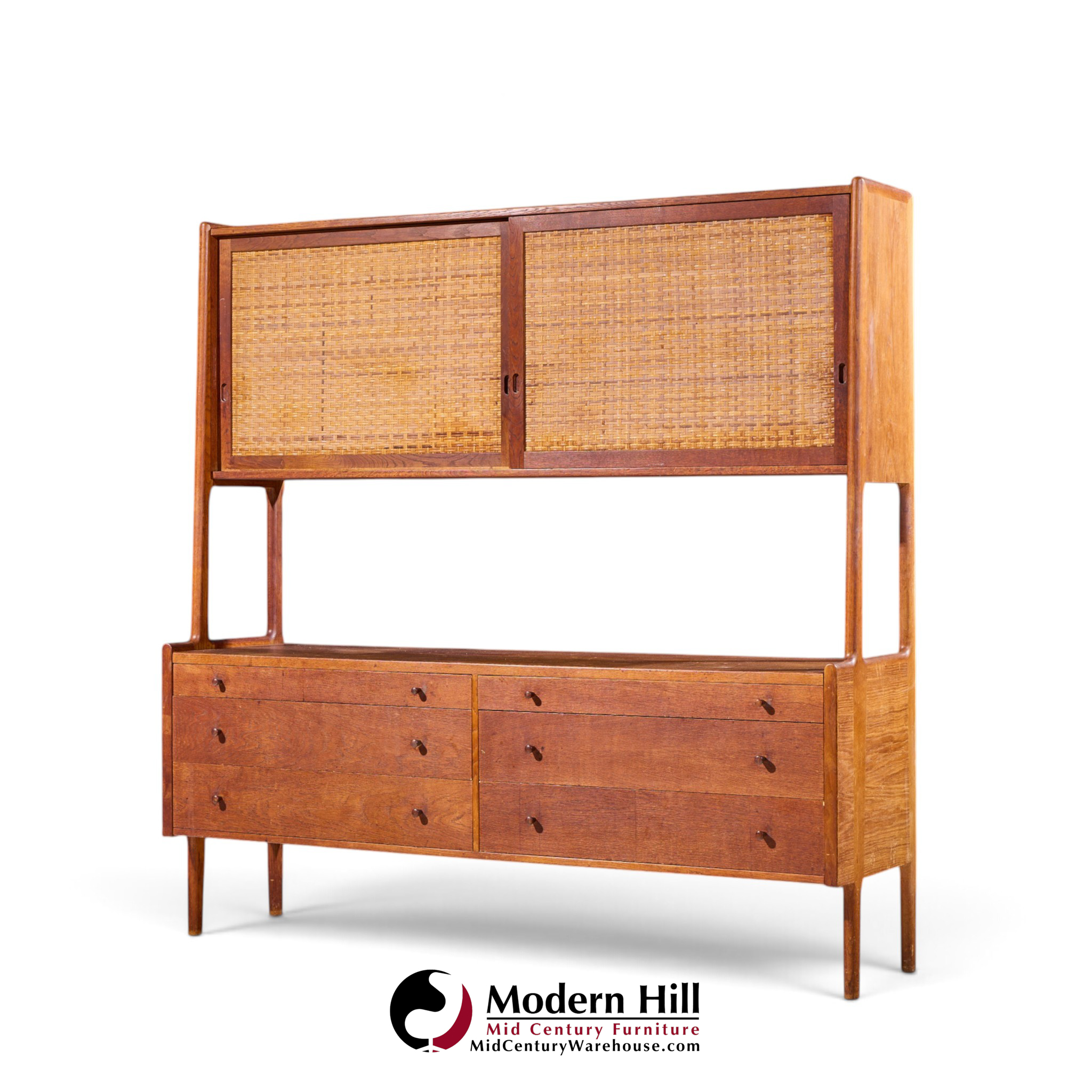 hans wegner for ry møbler ry-20 mid century danish teak and rattan highboard credenza with hutch