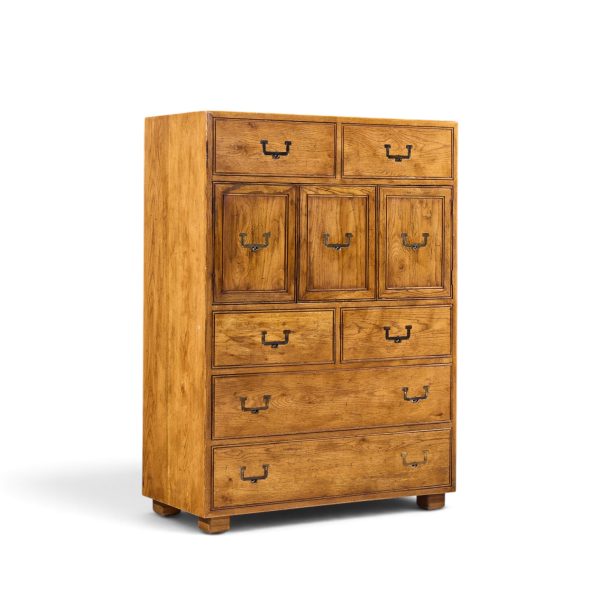 henredon campaign mid century oak and brass highboy dresser armoire