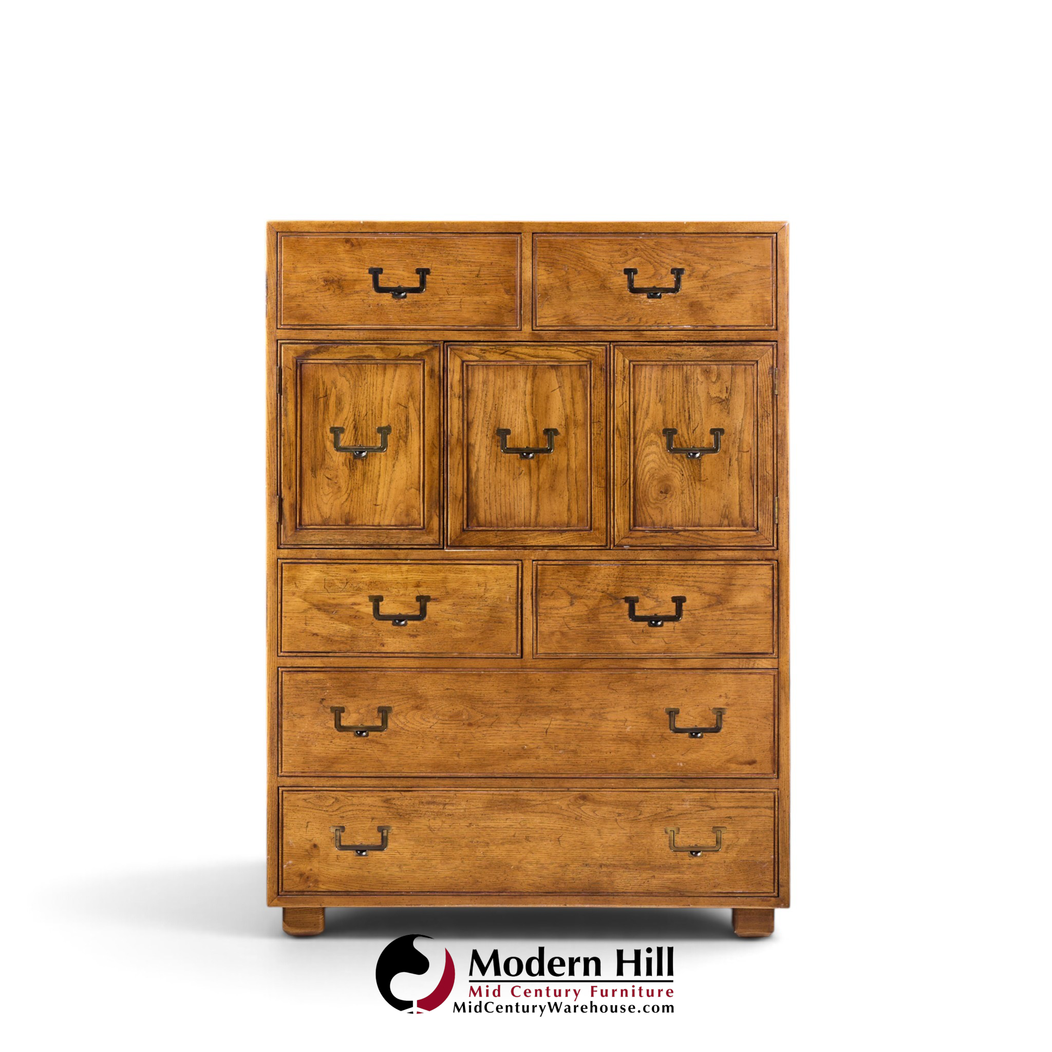 henredon campaign mid century oak and brass highboy dresser armoire