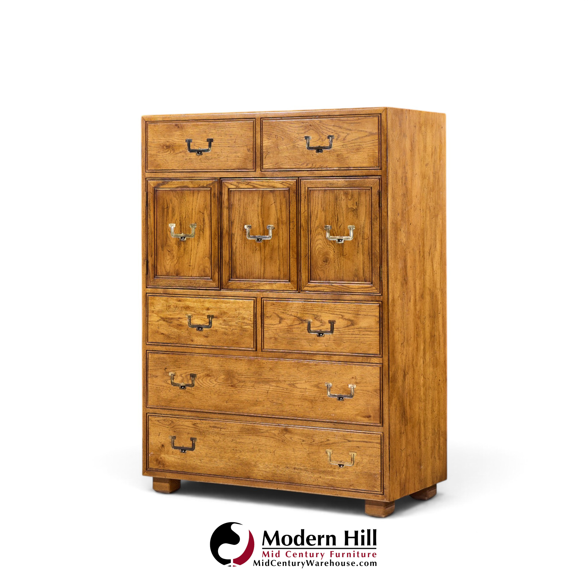 henredon campaign mid century oak and brass highboy dresser armoire