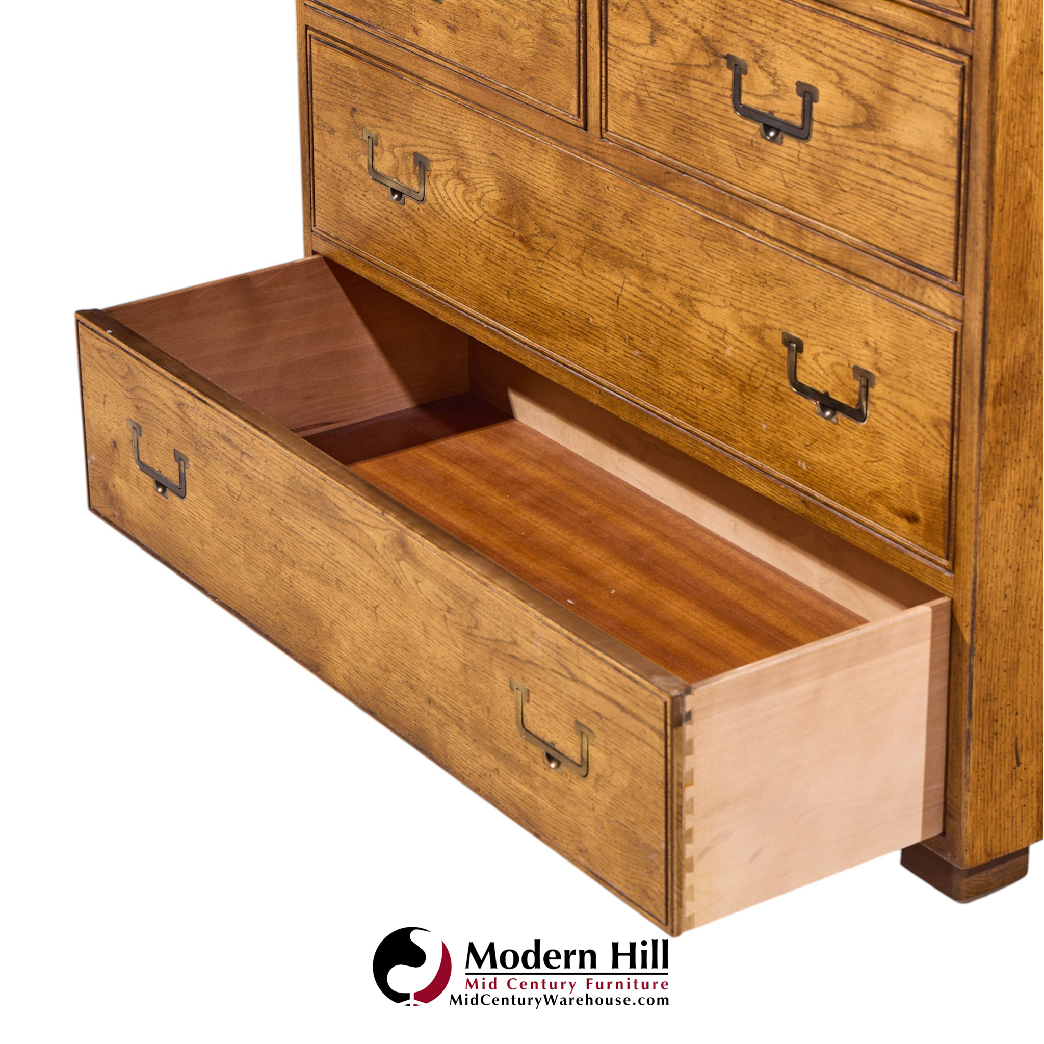henredon campaign mid century oak and brass highboy dresser armoire