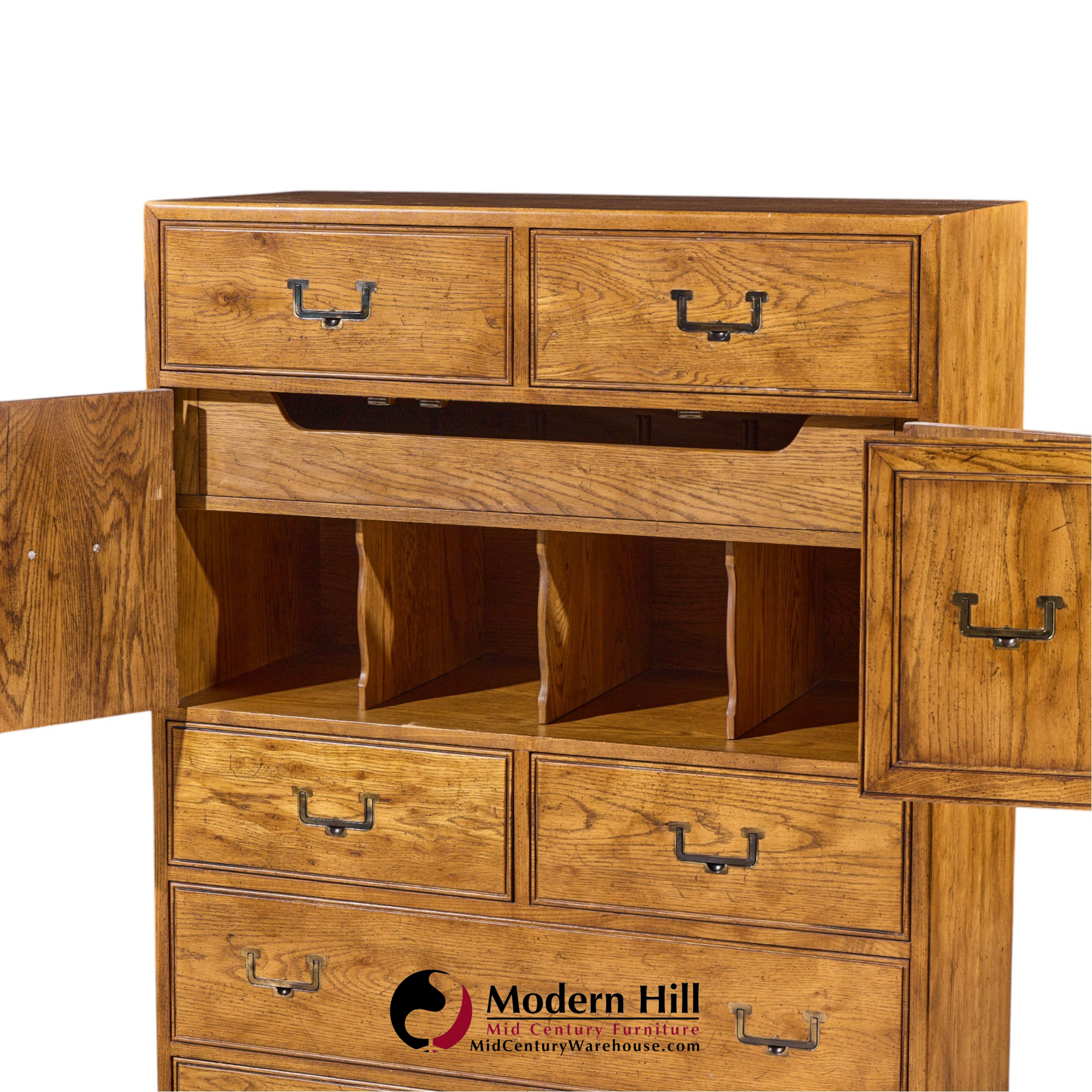 henredon campaign mid century oak and brass highboy dresser armoire