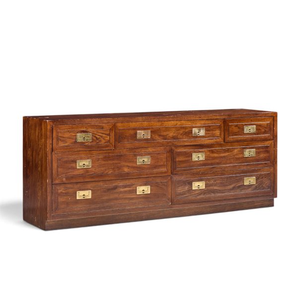 henredon campaign mid century oak and brass lowboy dresser
