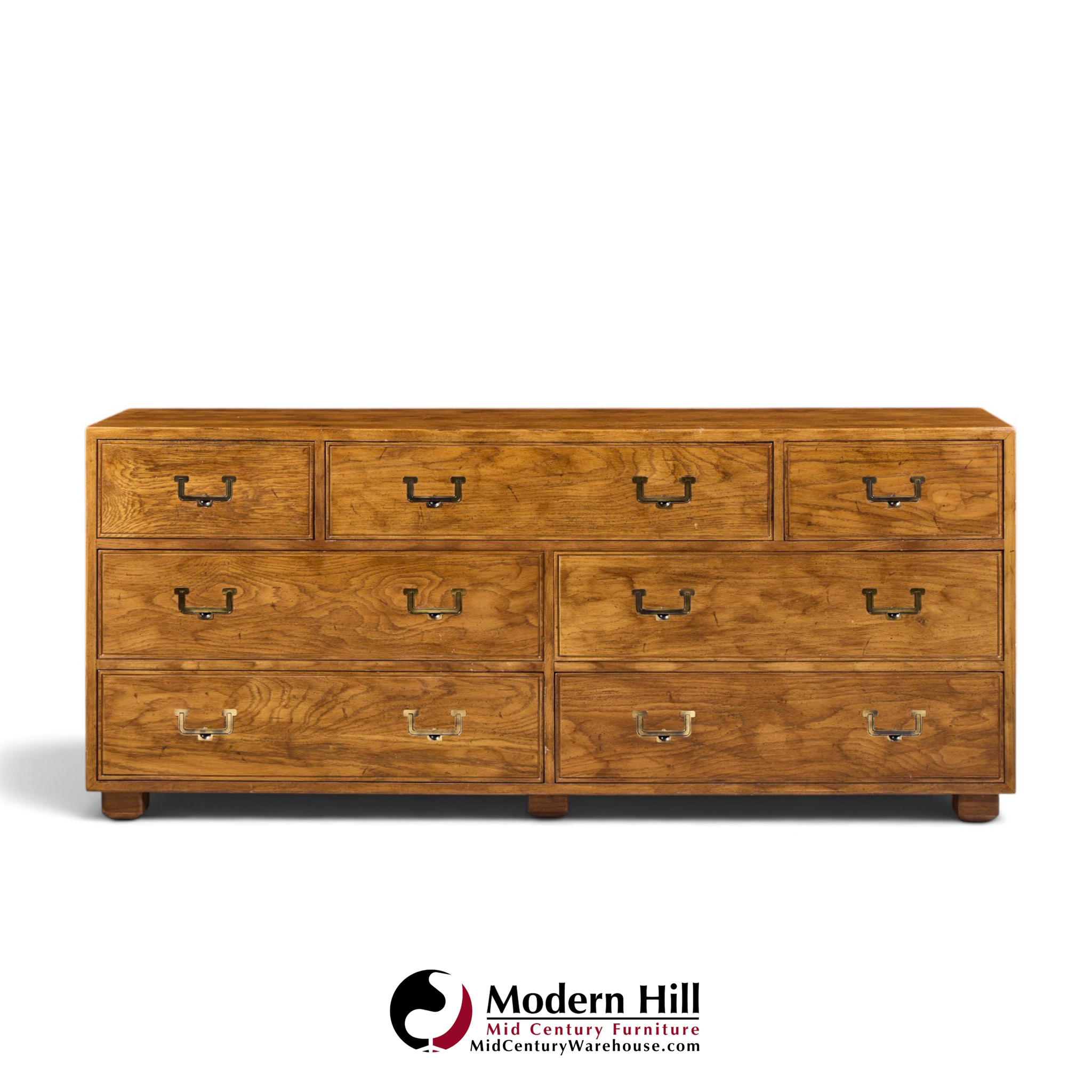 henredon campaign mid century oak and brass lowboy dresser