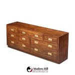 henredon campaign mid century oak and brass lowboy dresser