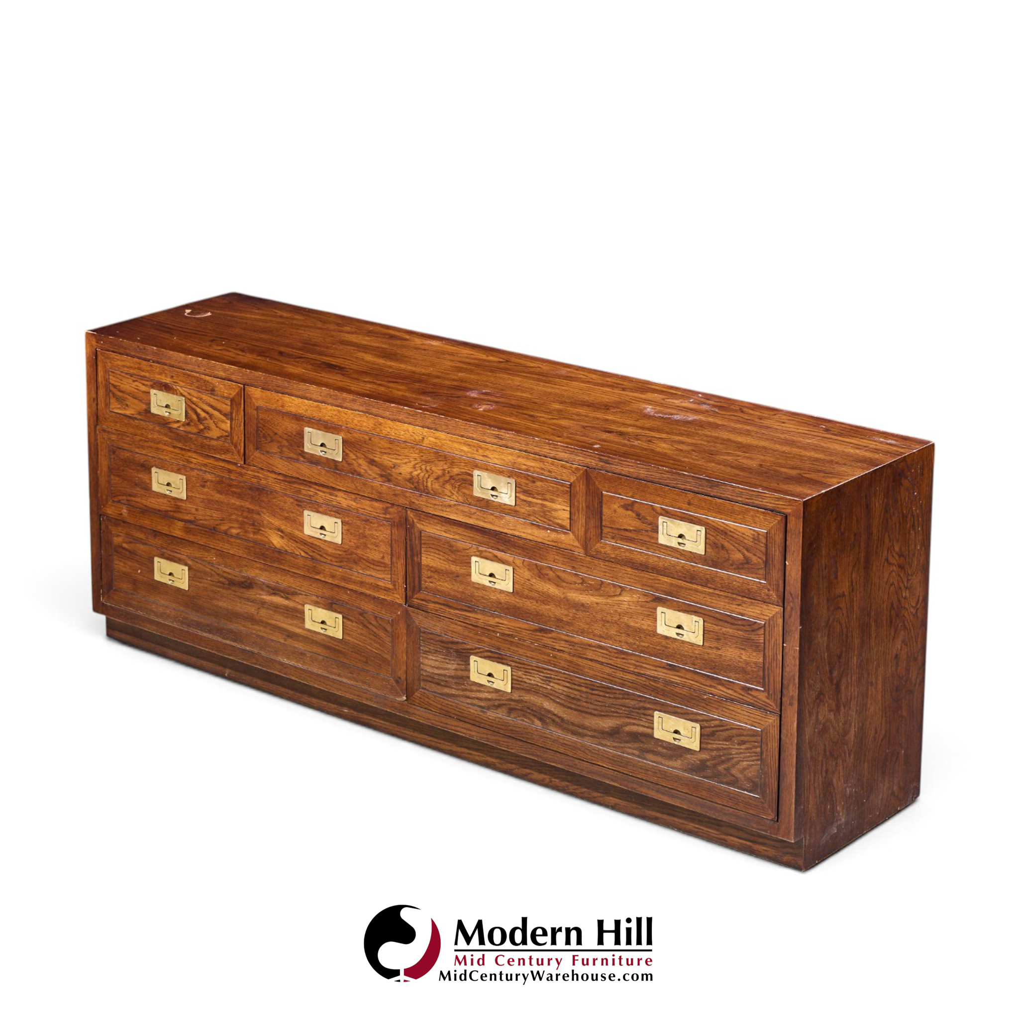 henredon campaign mid century oak and brass lowboy dresser