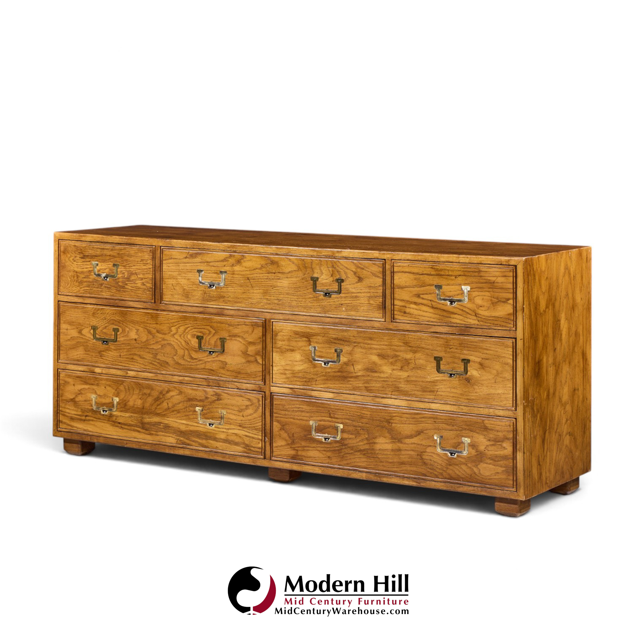 henredon campaign mid century oak and brass lowboy dresser