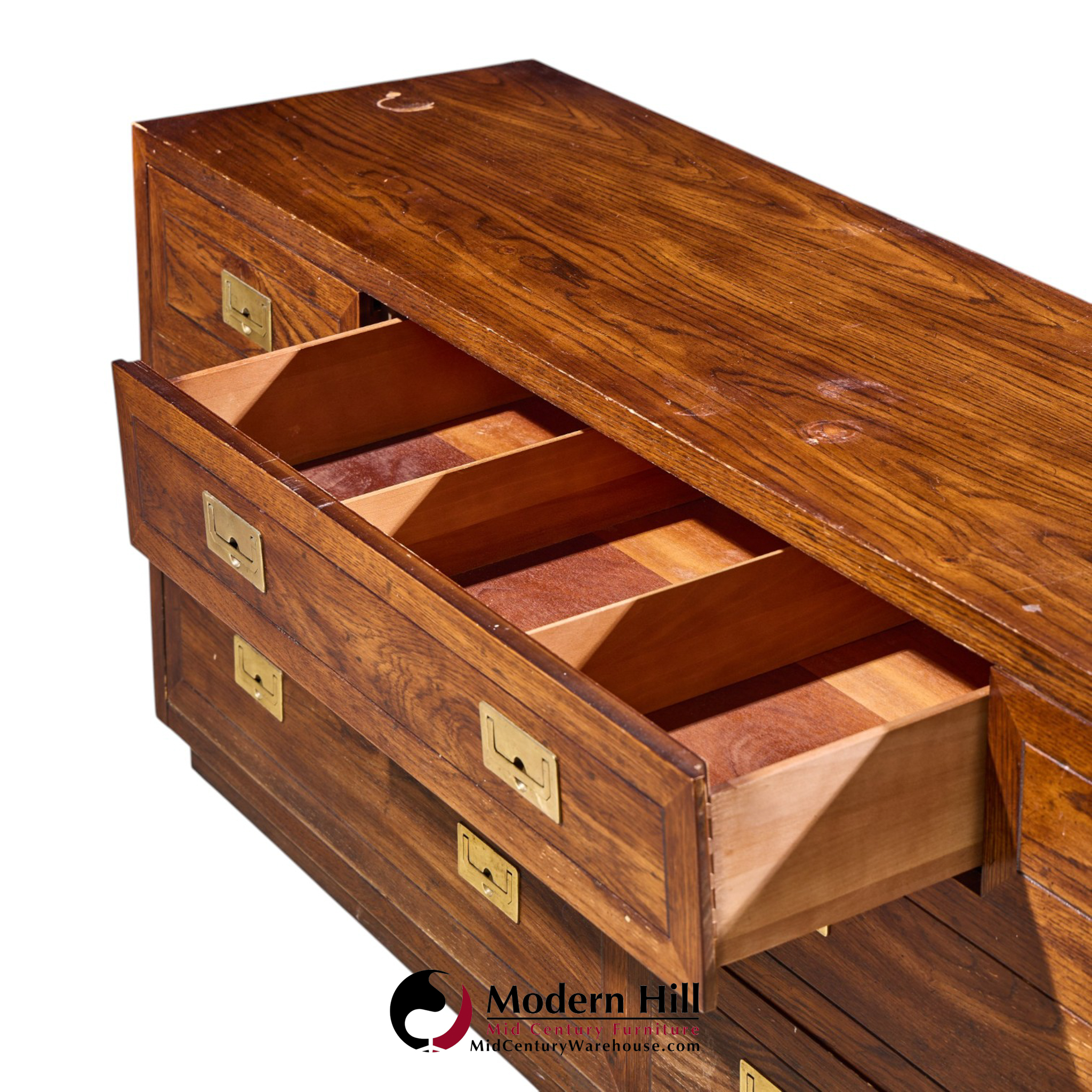 henredon campaign mid century oak and brass lowboy dresser