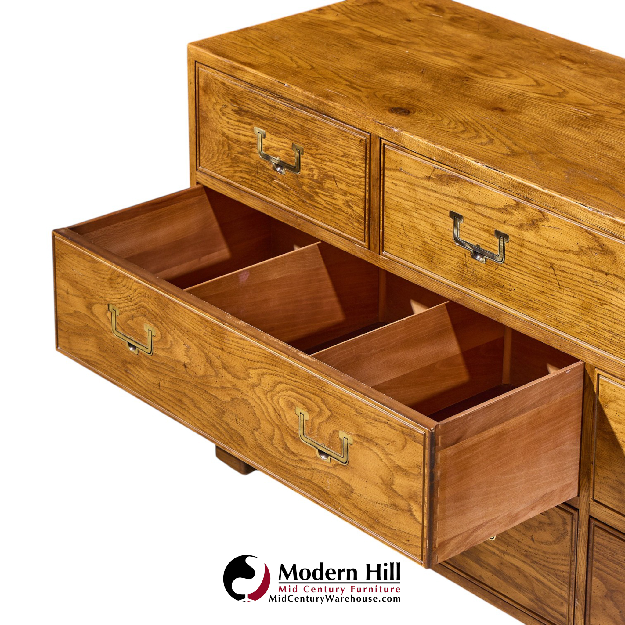 henredon campaign mid century oak and brass lowboy dresser
