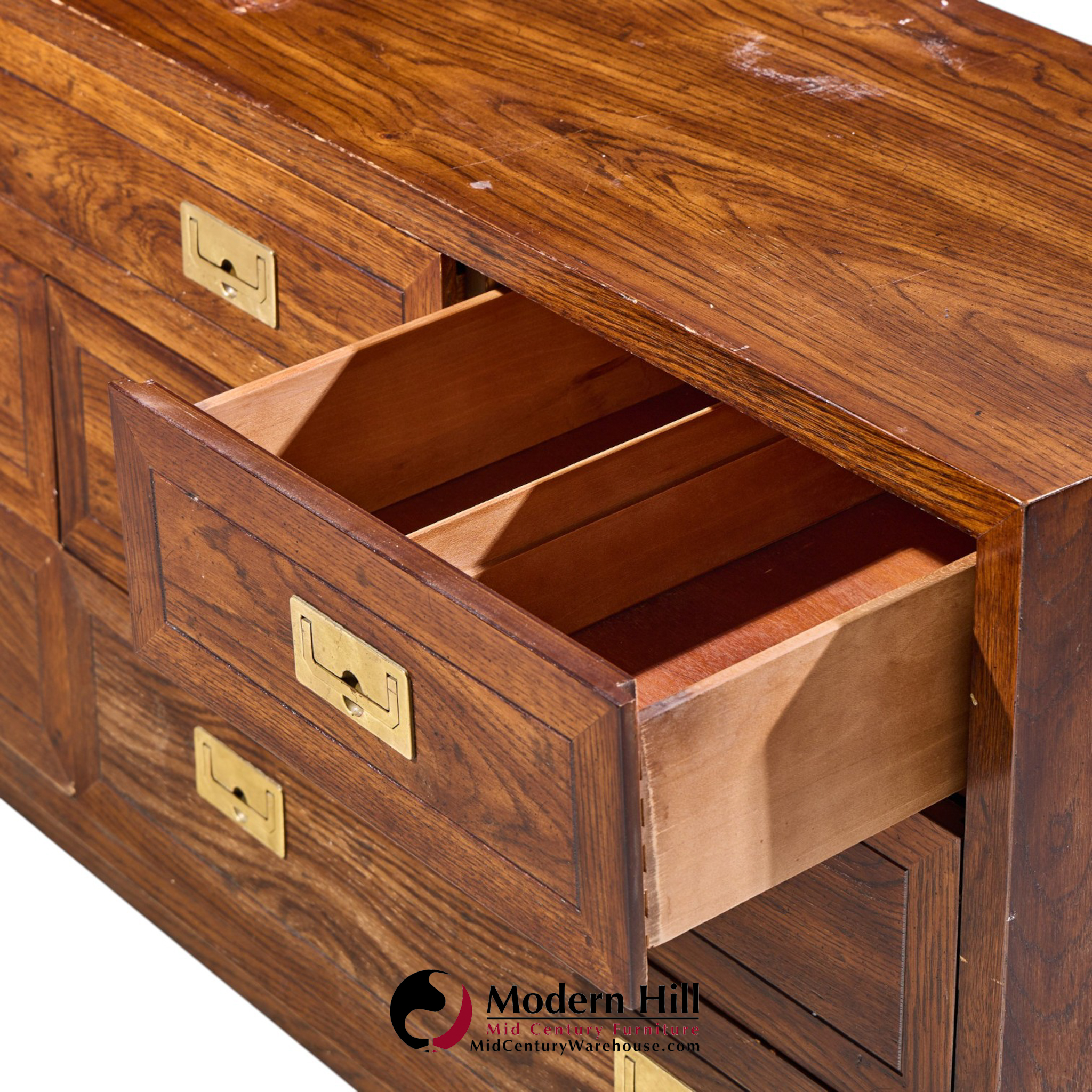 henredon campaign mid century oak and brass lowboy dresser