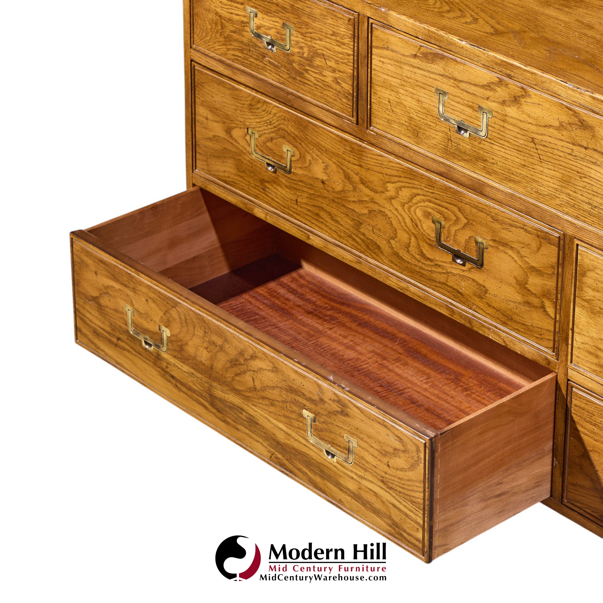 henredon campaign mid century oak and brass lowboy dresser