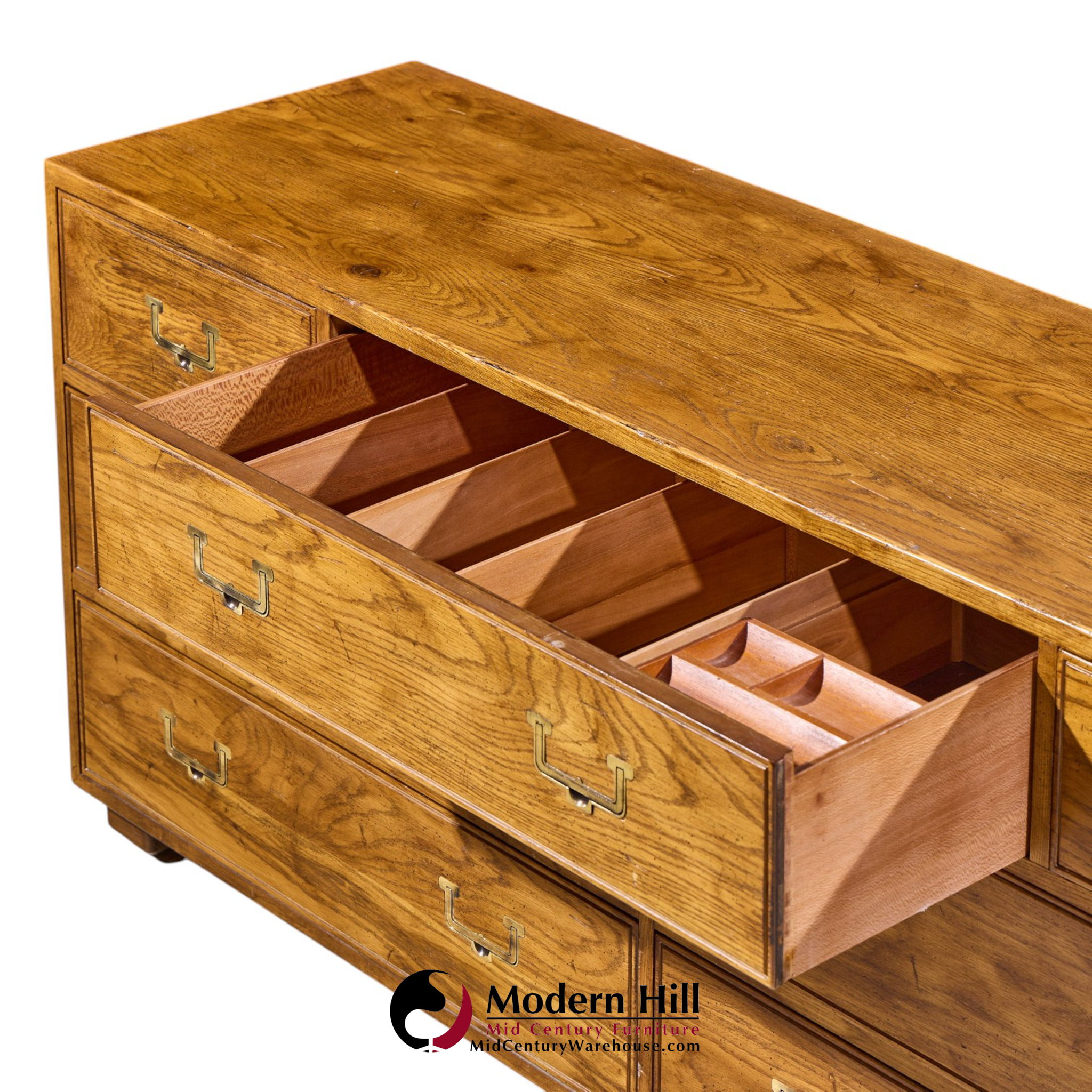 henredon campaign mid century oak and brass lowboy dresser