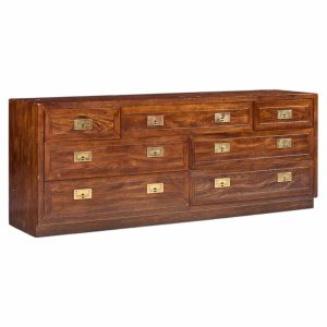 henredon campaign mid century oak and brass lowboy dresser