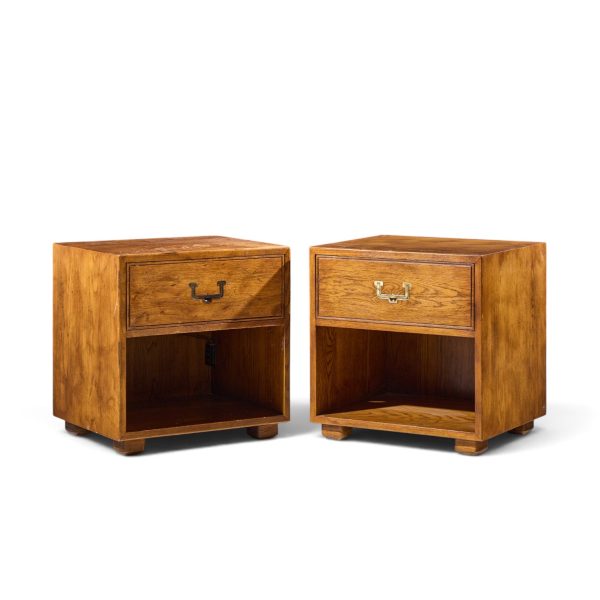 henredon campaign mid century oak and brass nightstands - pair