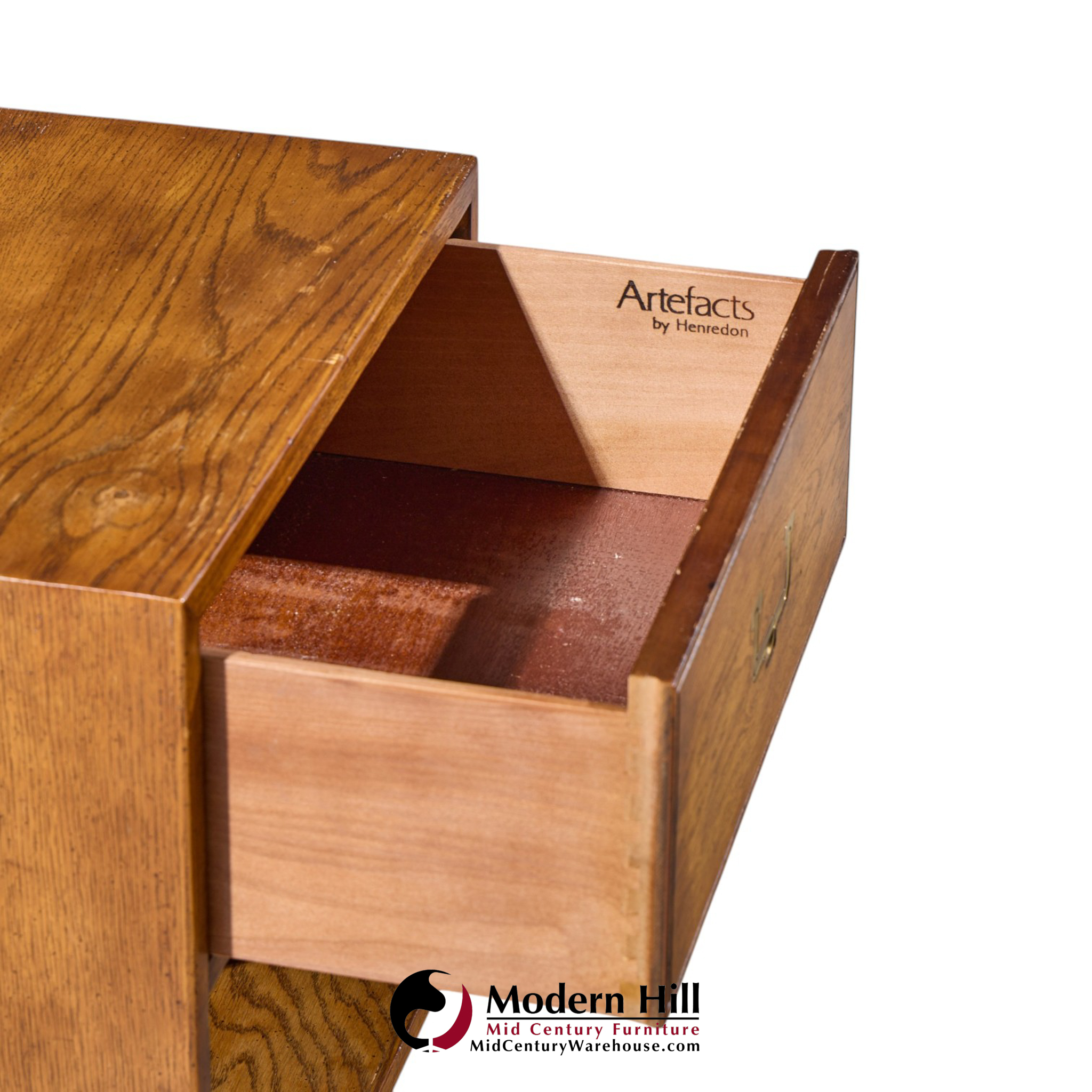 henredon campaign mid century oak and brass nightstands - pair