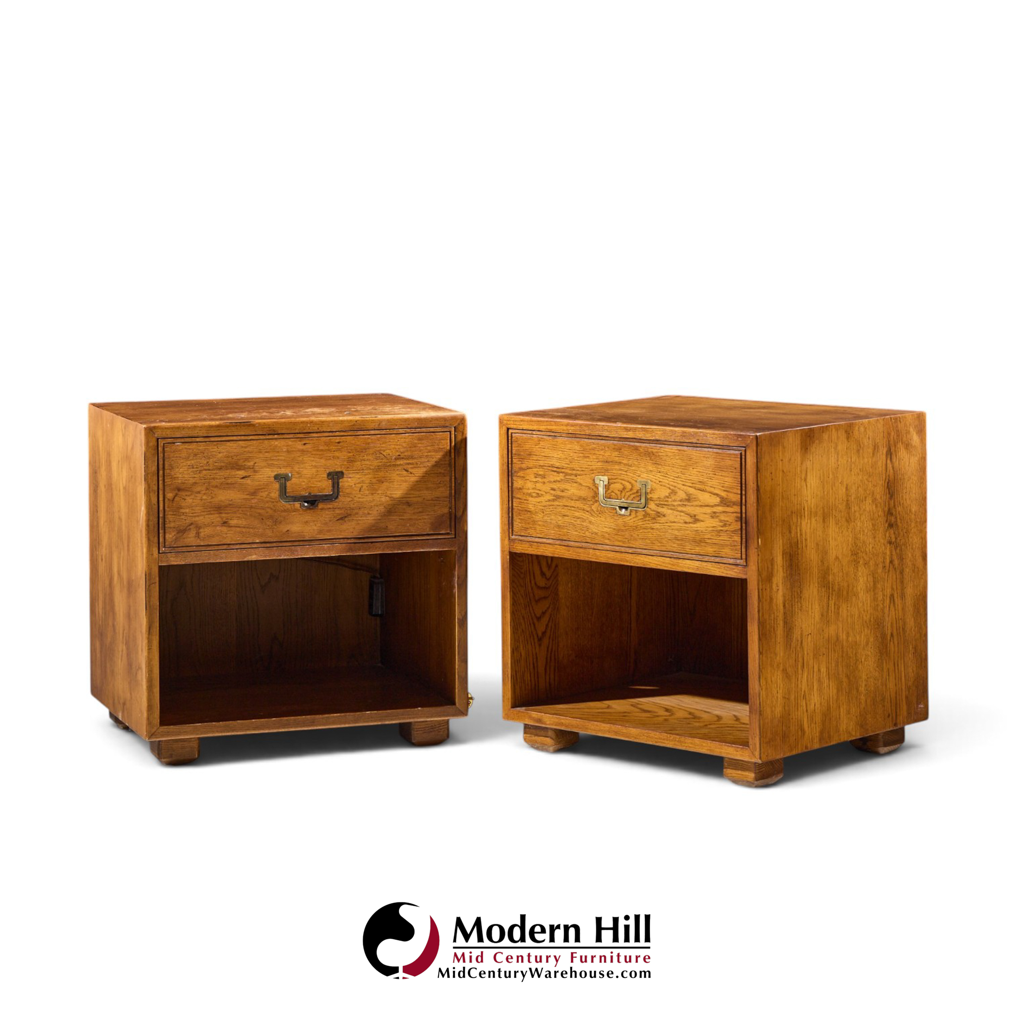 henredon campaign mid century oak and brass nightstands - pair