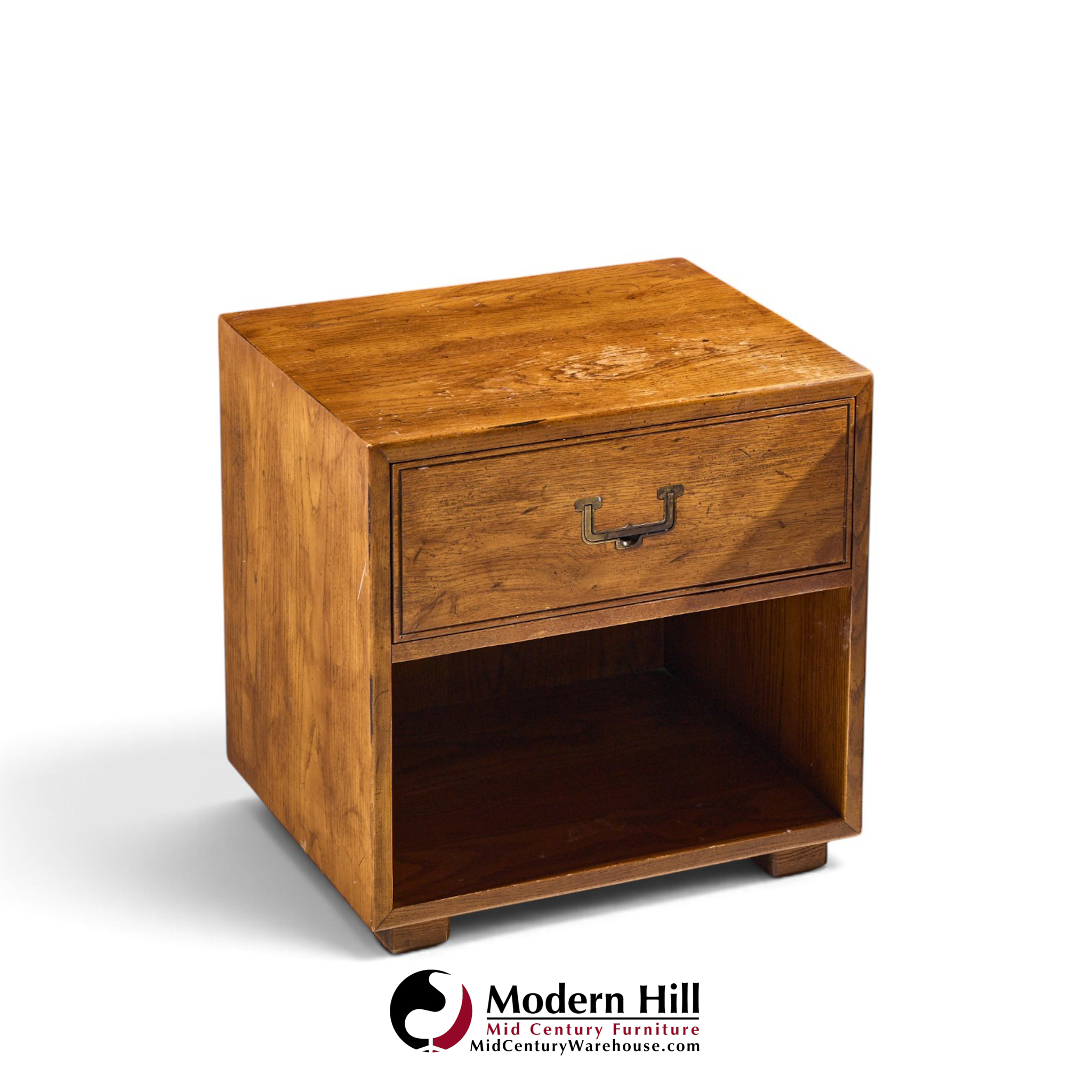 henredon campaign mid century oak and brass nightstands - pair