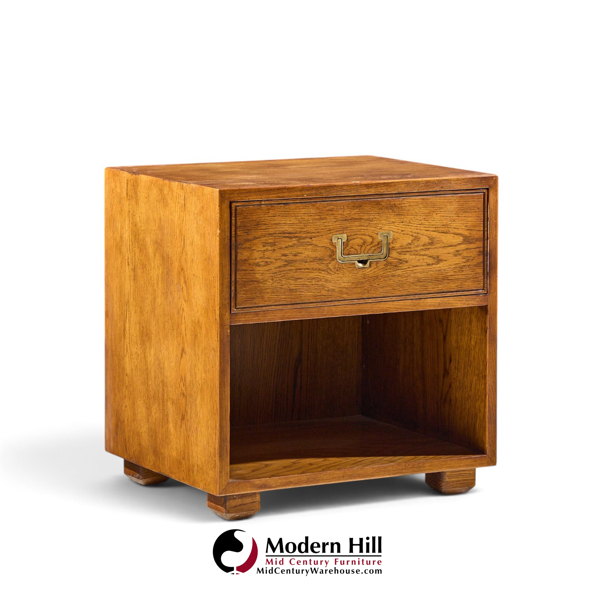 henredon campaign mid century oak and brass nightstands - pair