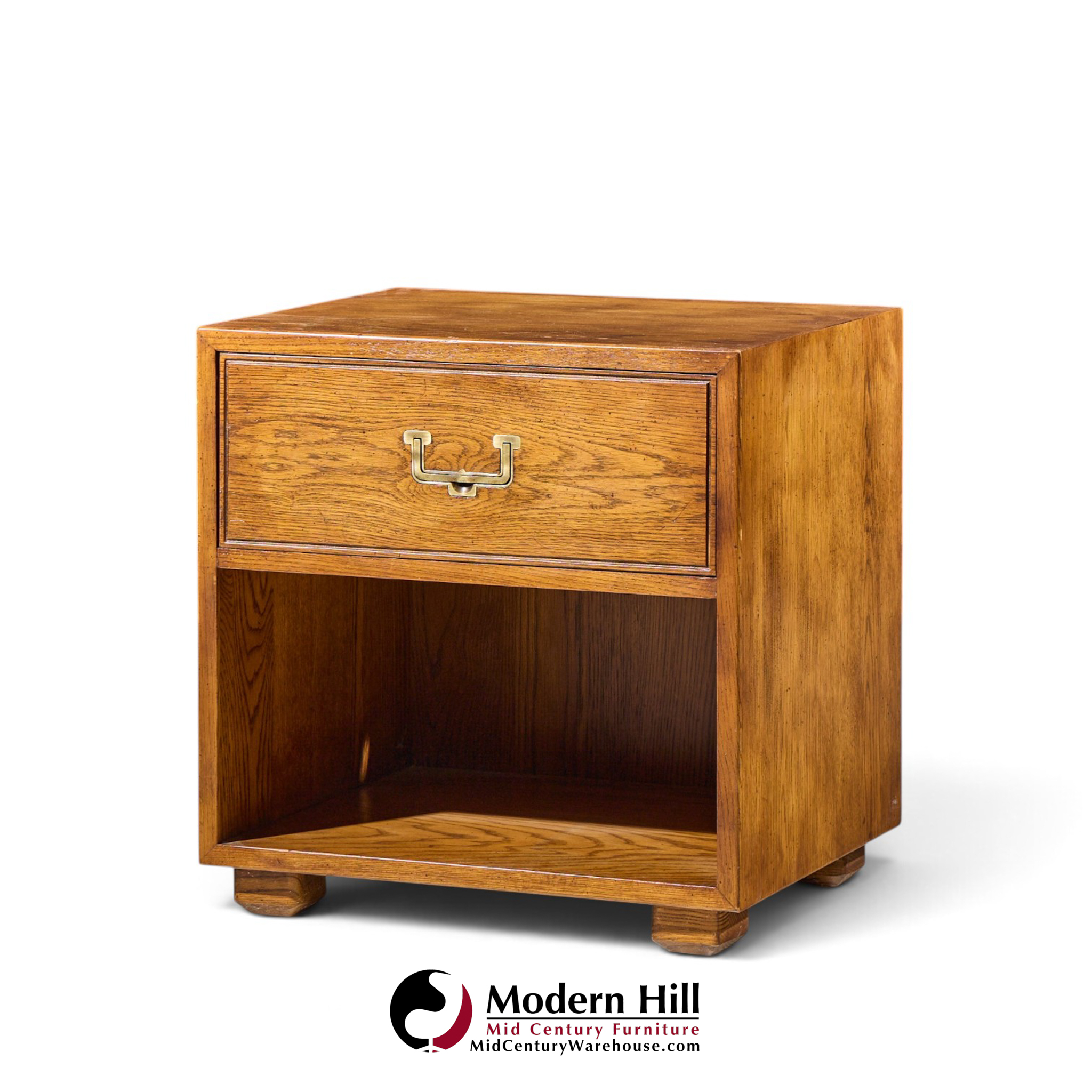 henredon campaign mid century oak and brass nightstands - pair