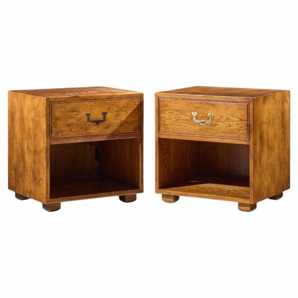 henredon campaign mid century oak and brass nightstands - pair