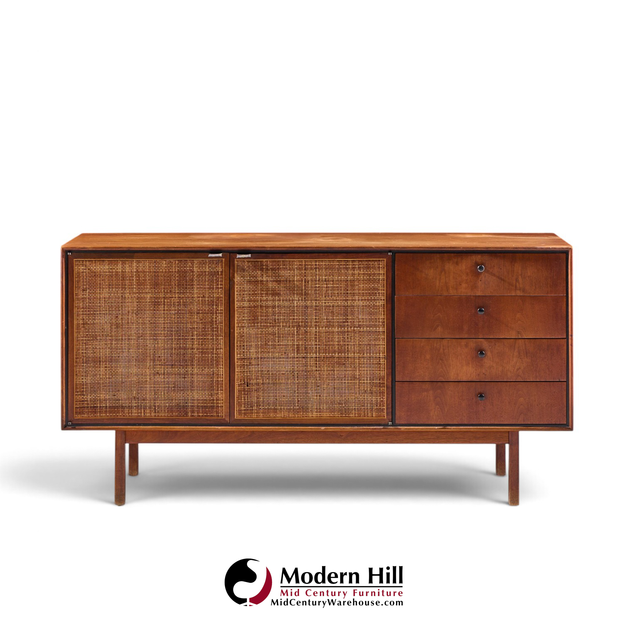jack cartwright for founders mid century walnut and cane credenza