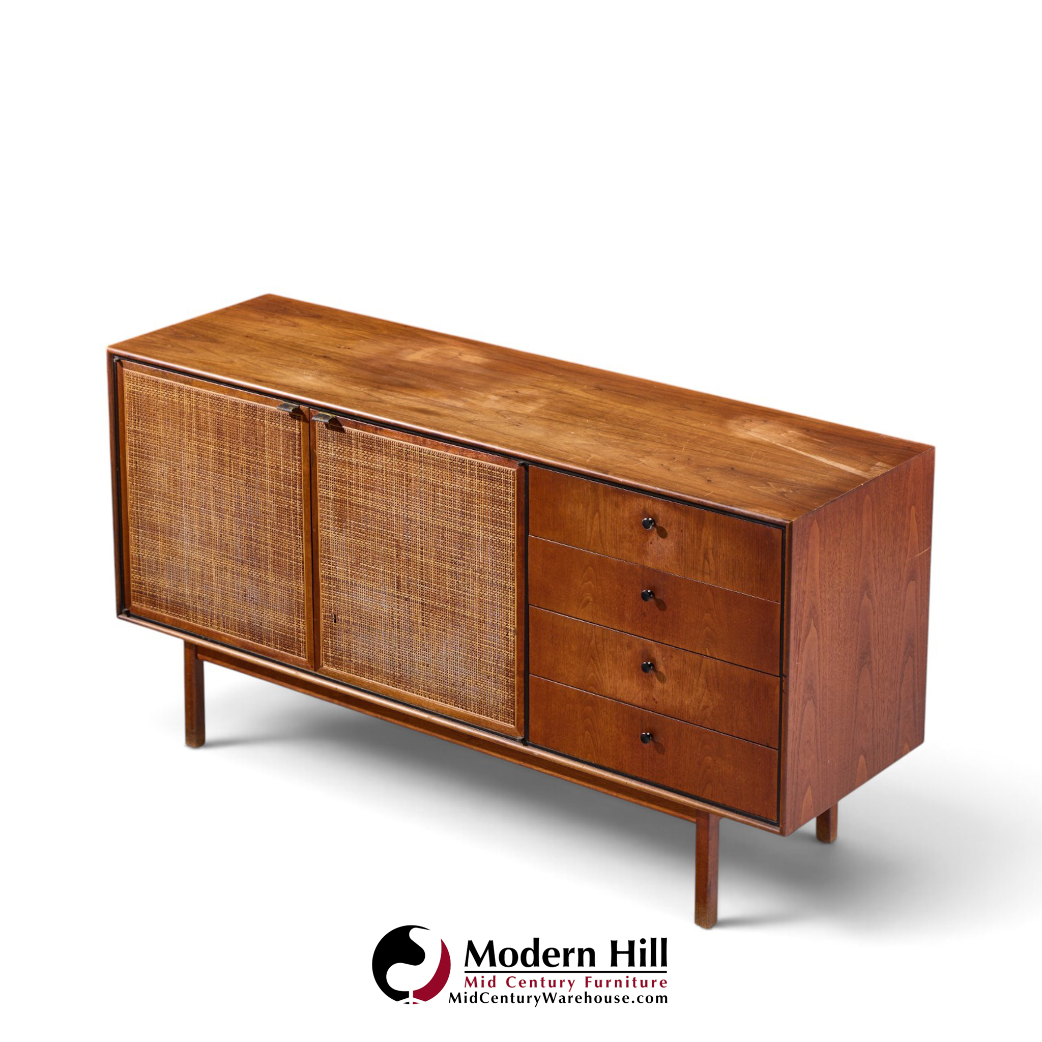 jack cartwright for founders mid century walnut and cane credenza