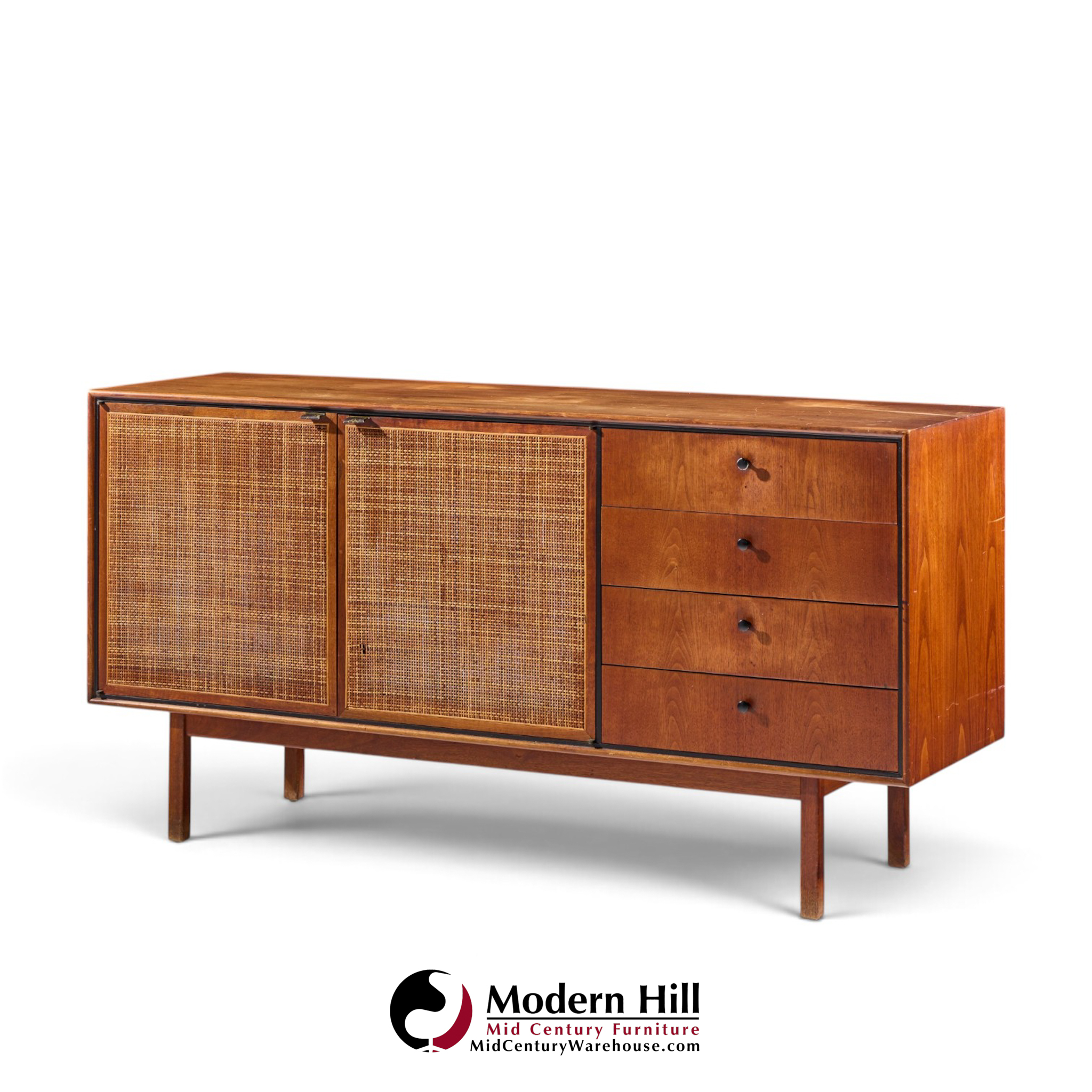 jack cartwright for founders mid century walnut and cane credenza