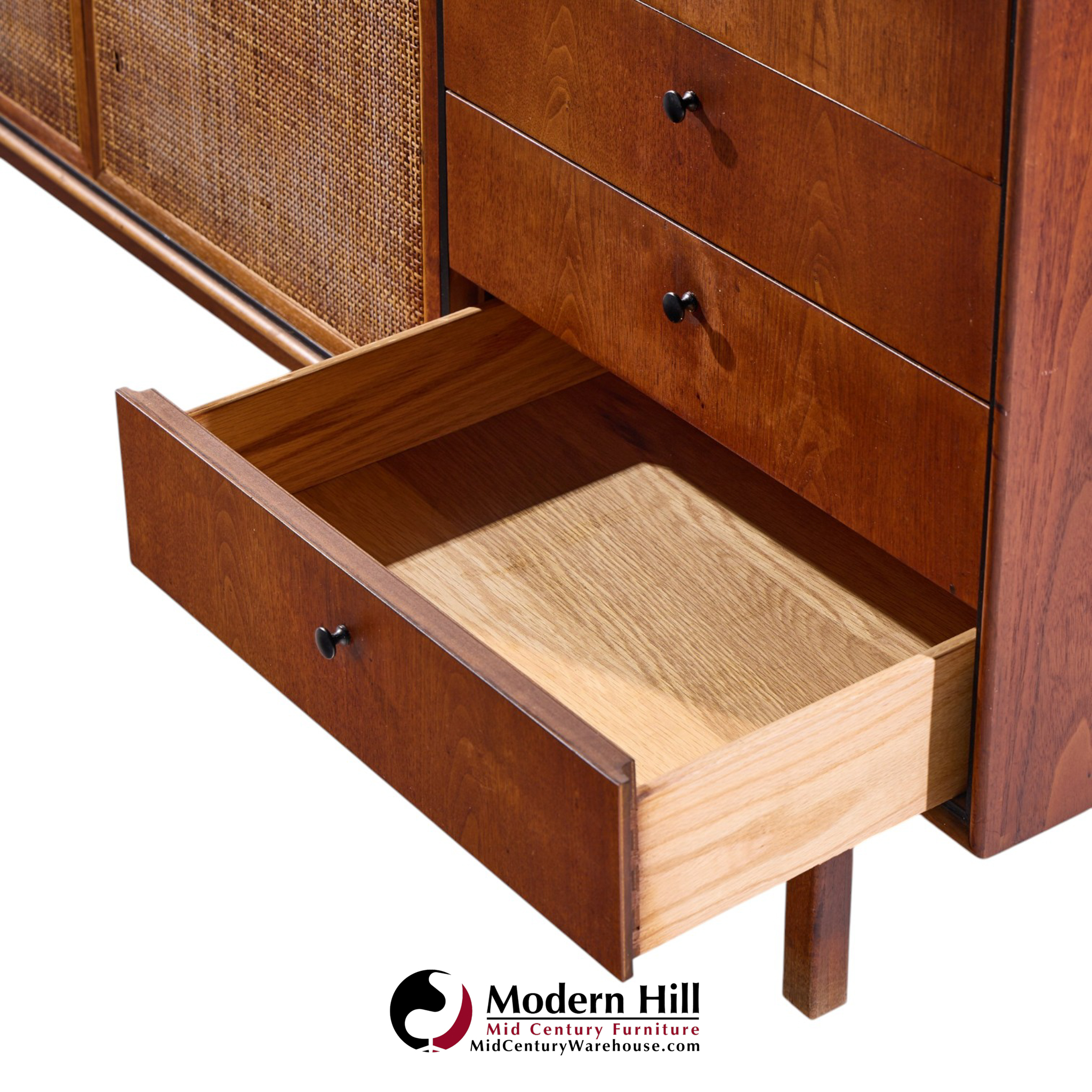 jack cartwright for founders mid century walnut and cane credenza