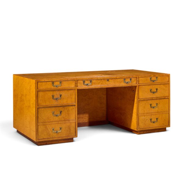 john widdicomb mid century burlwood and brass campaign executive desk