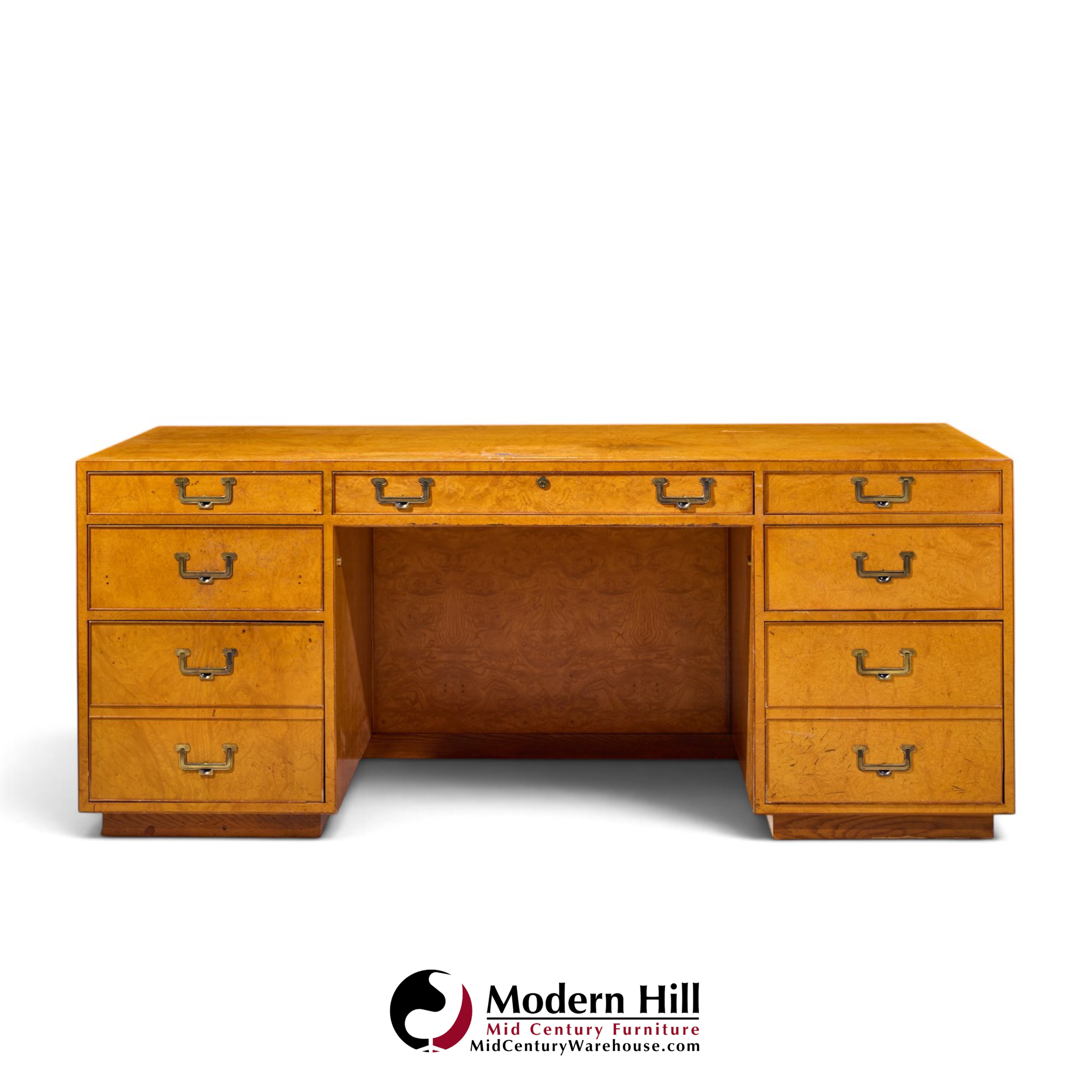 john widdicomb mid century burlwood and brass campaign executive desk