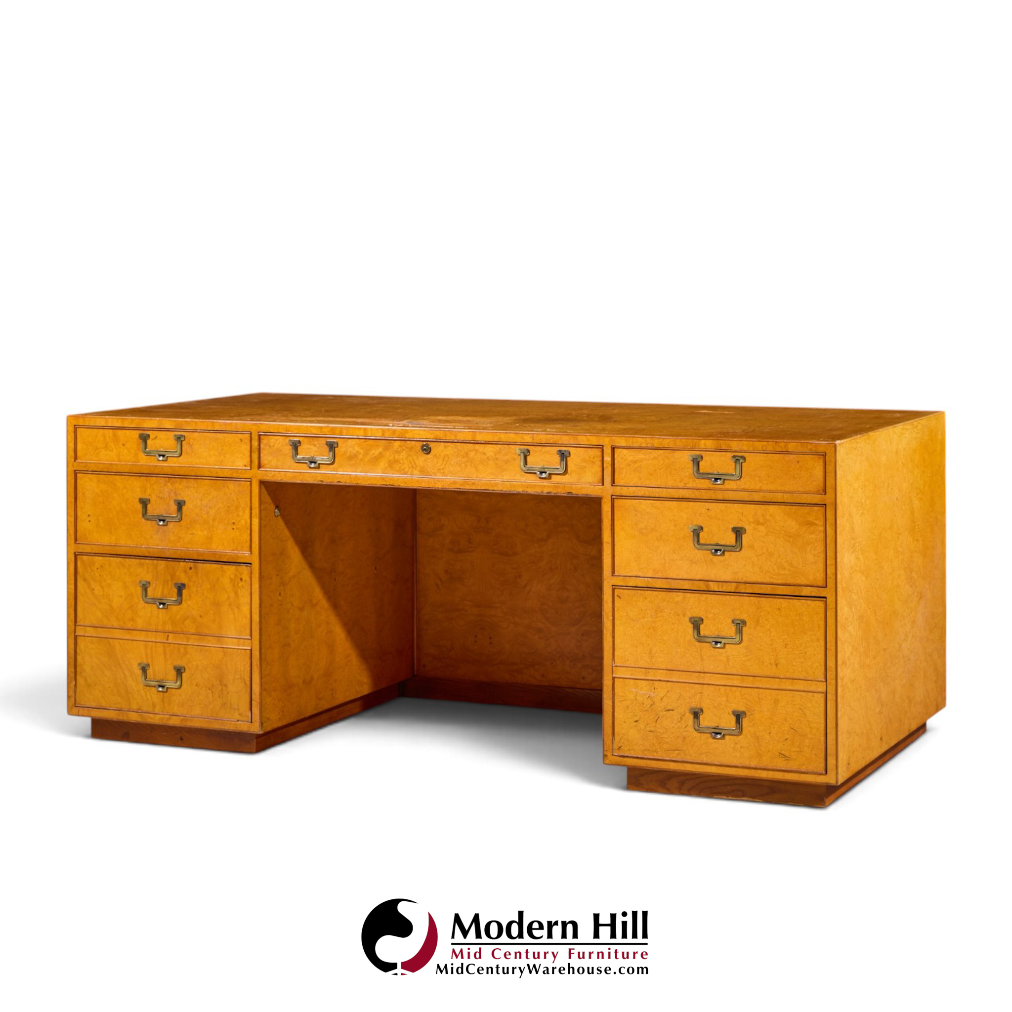 john widdicomb mid century burlwood and brass campaign executive desk