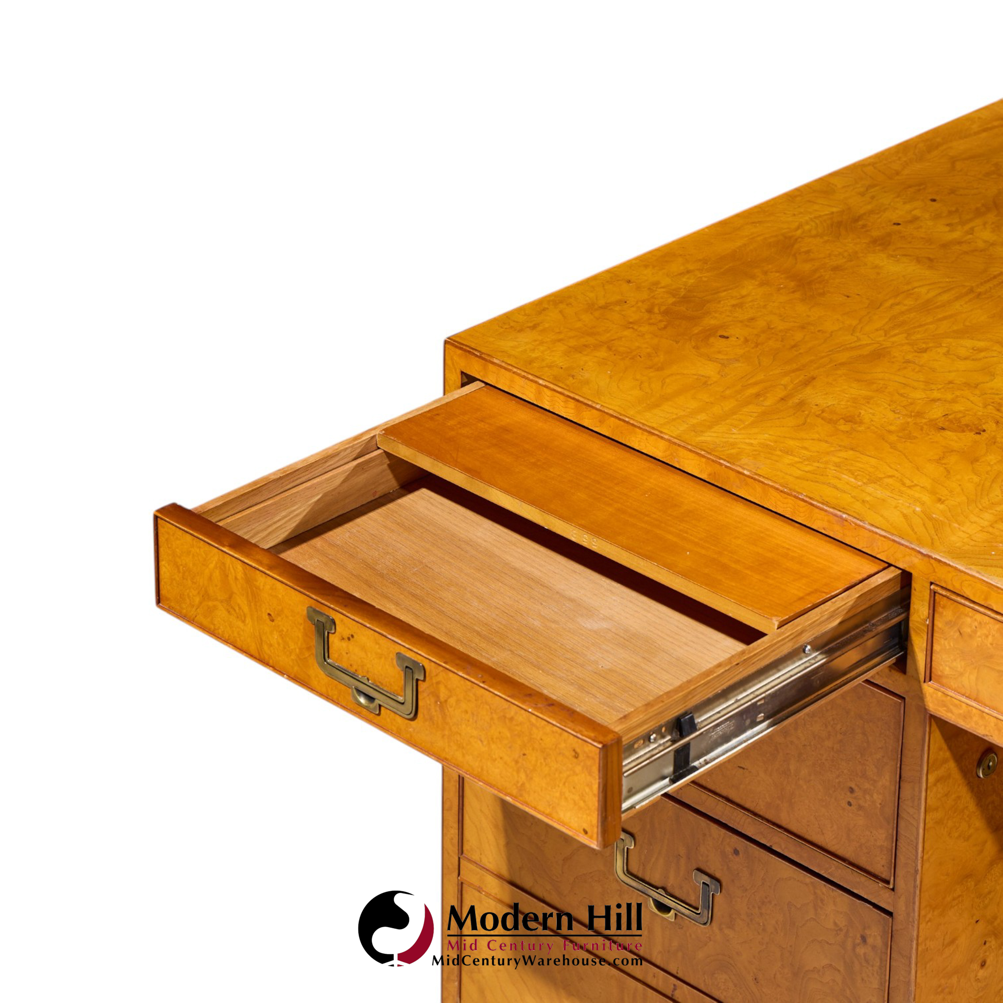 john widdicomb mid century burlwood and brass campaign executive desk