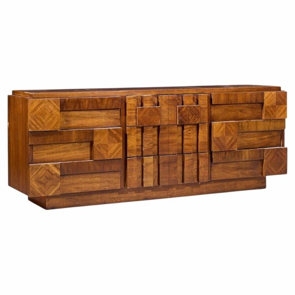 lane staccato brutalist mid century walnut lowboy dresser